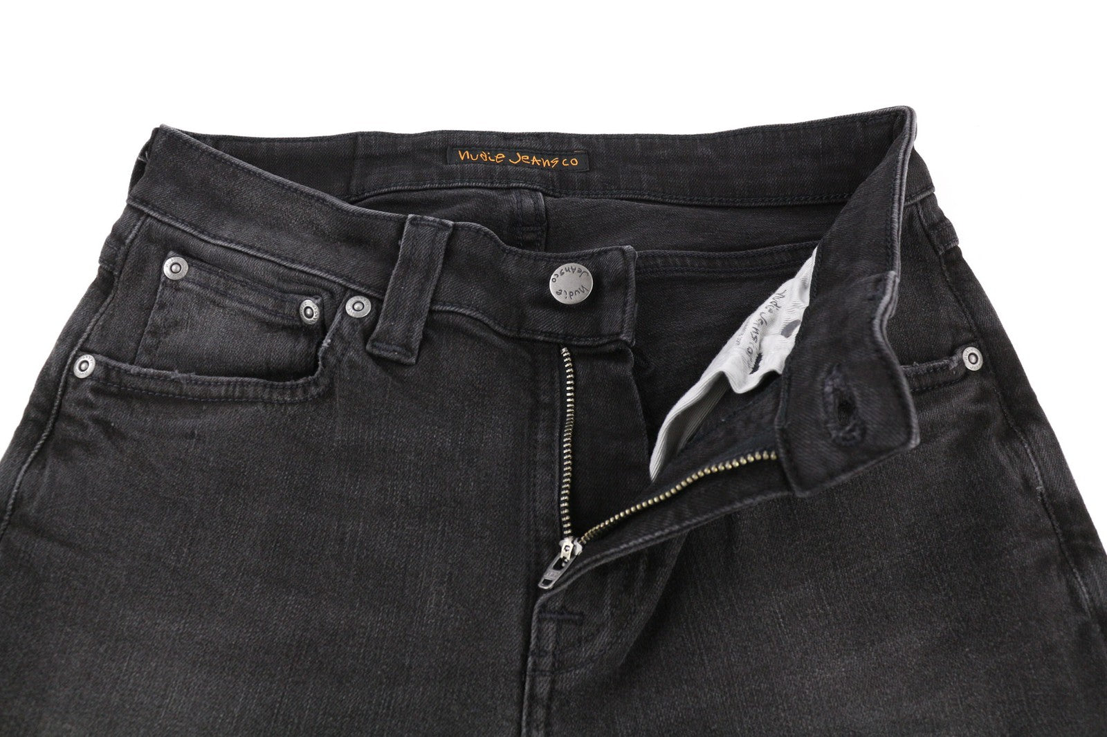 NUDIE JEANS Skinny Lin dėvėti juodi vyriški džinsai W28/L32 išblukusi medvilnė 