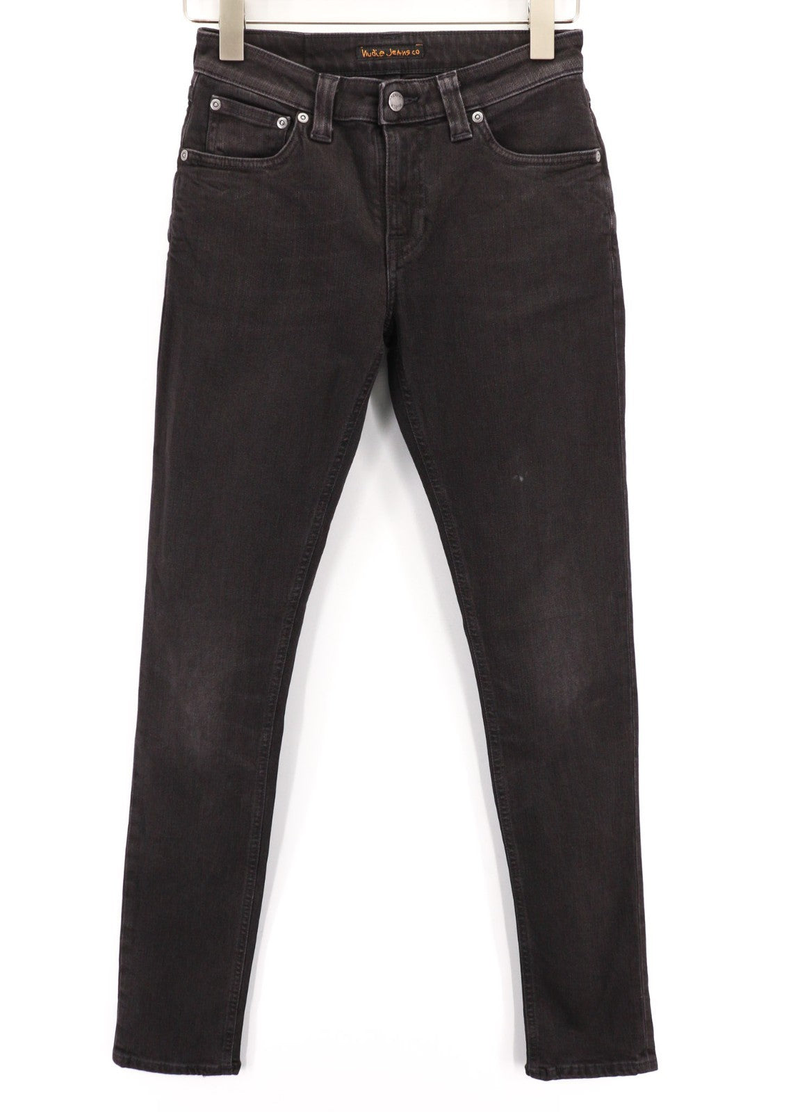 NUDIE JEANS Skinny Lin dėvėti juodi vyriški džinsai W28/L32 su ūsais ir užtrauktuku, medvilniniai 