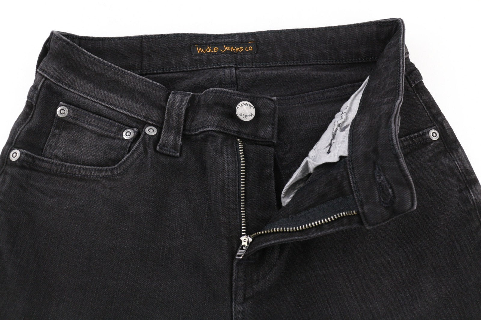 NUDIE JEANS Skinny Lin dėvėti juodi vyriški džinsai W28/L32 su ūsais ir užtrauktuku, medvilniniai 