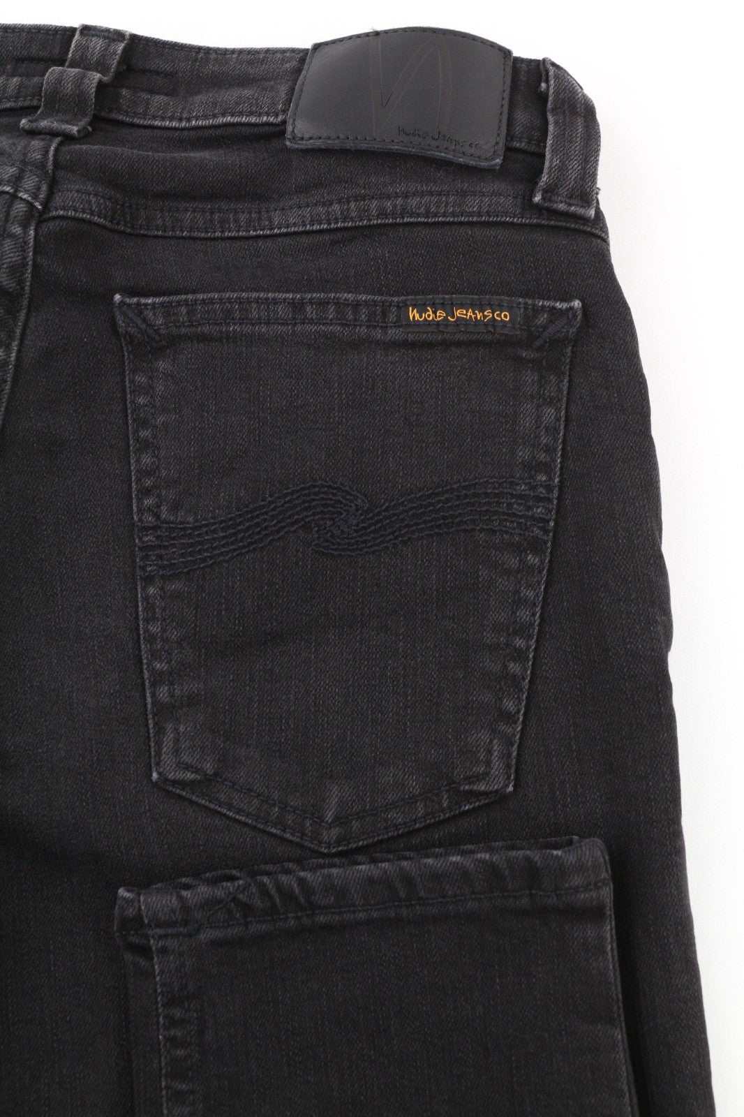 NUDIE JEANS Skinny Lin dėvėti juodi vyriški džinsai W28/L32 su ūsais ir užtrauktuku, medvilniniai 