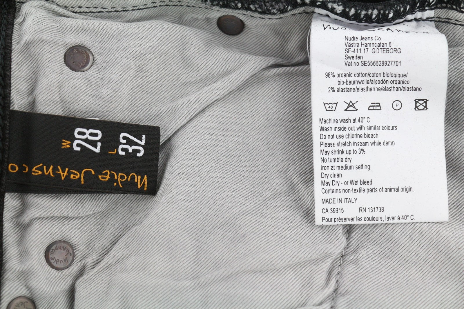 NUDIE JEANS Skinny Lin dėvėti juodi vyriški džinsai W28/L32 su ūsais ir užtrauktuku, medvilniniai 