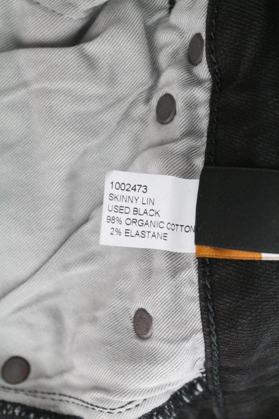 NUDIE JEANS Skinny Lin dėvėti juodi vyriški džinsai W28/L32 su ūsais ir užtrauktuku, medvilniniai 