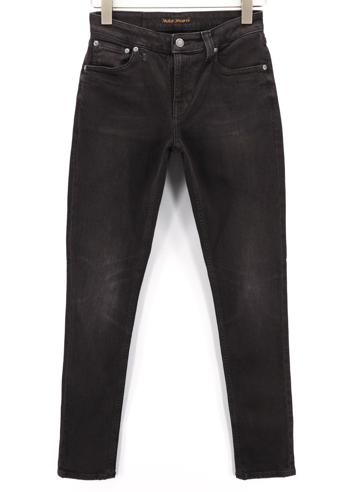 NUDIE JEANS Skinny Lin dėvėti juodi vyriški džinsai W29/L32 ekologiškos medvilnės su išblukusiu užtrauktuku 