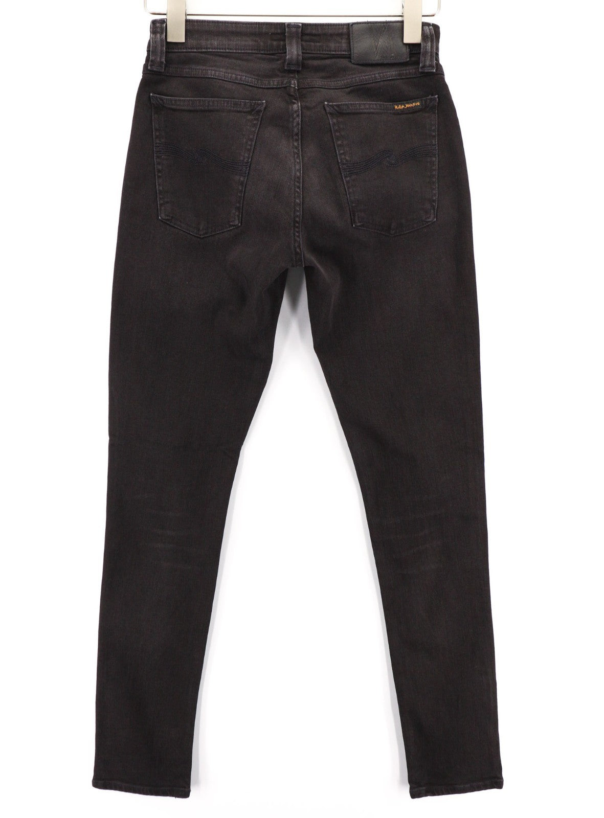 NUDIE JEANS Skinny Lin dėvėti juodi vyriški džinsai W29/L32 ekologiškos medvilnės su išblukusiu užtrauktuku 