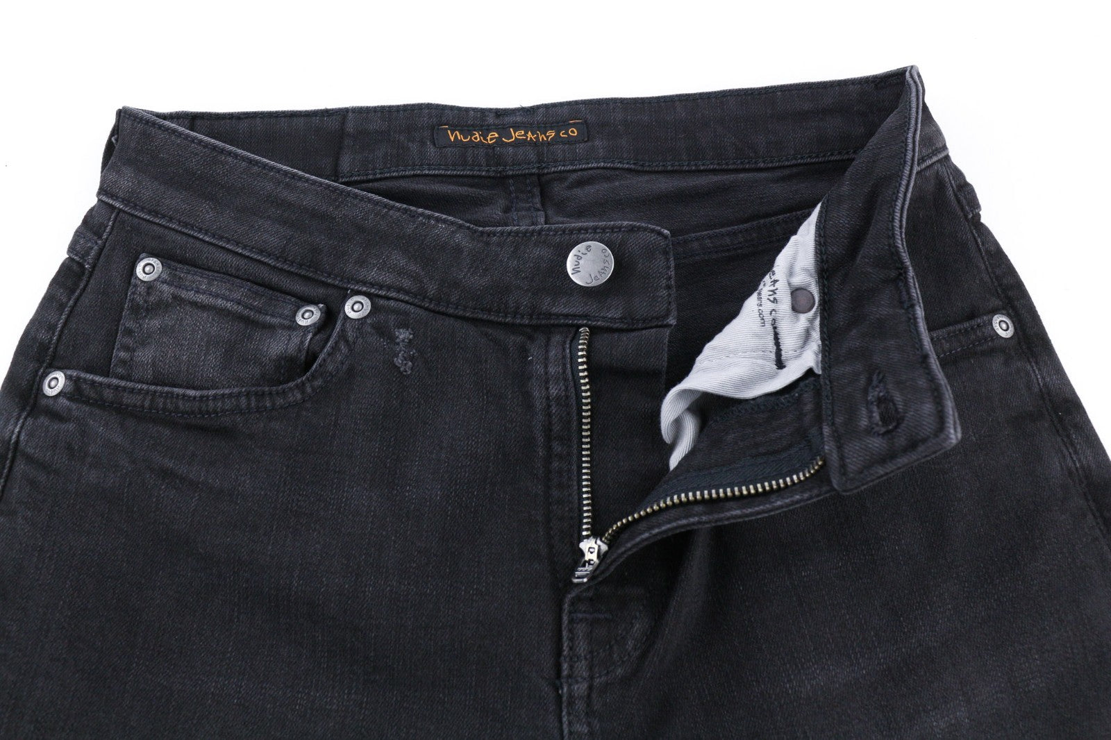 NUDIE JEANS Skinny Lin dėvėti juodi vyriški džinsai W29/L32 ekologiškos medvilnės su išblukusiu užtrauktuku 