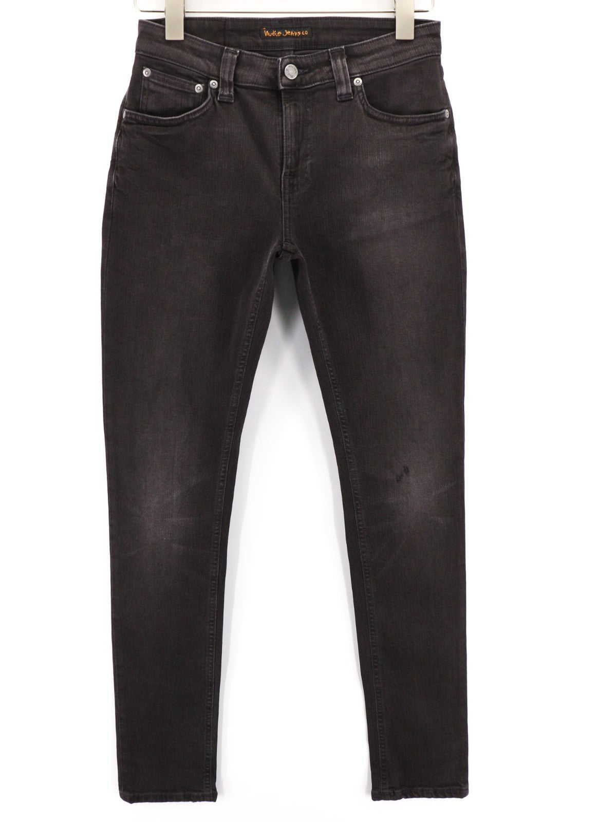 NUDIE JEANS Skinny Lin dėvėti juodi vyriški džinsai W29/L32 ekologiškas džinsinis audinys su išblukusiu užtrauktuku 