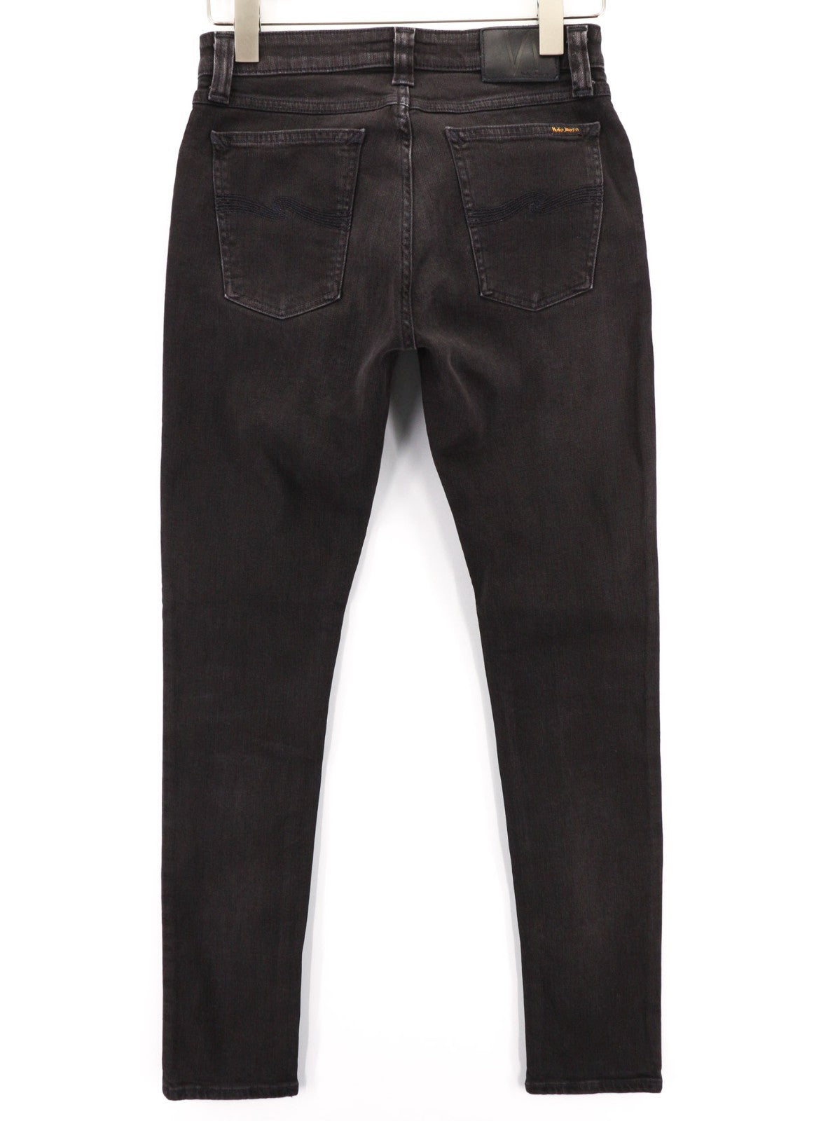 NUDIE JEANS Skinny Lin dėvėti juodi vyriški džinsai W29/L32 ekologiškas džinsinis audinys su išblukusiu užtrauktuku 