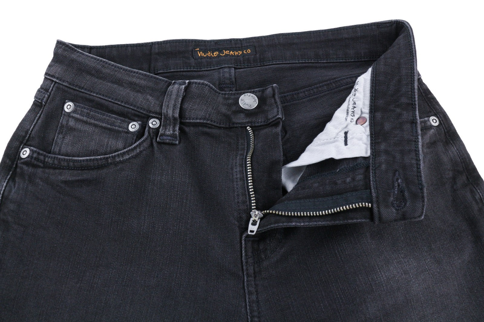 NUDIE JEANS Skinny Lin dėvėti juodi vyriški džinsai W29/L32 ekologiškas džinsinis audinys su išblukusiu užtrauktuku 