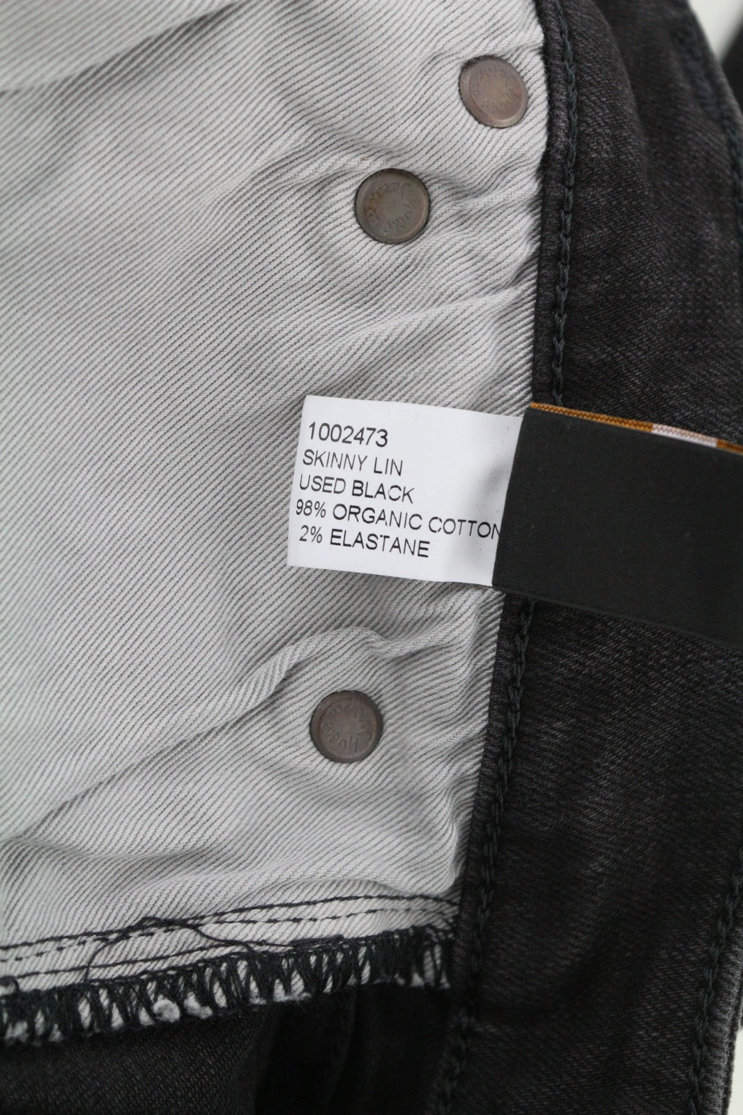 NUDIE JEANS Skinny Lin dėvėti juodi vyriški džinsai W29/L32 ekologiškas džinsinis audinys su išblukusiu užtrauktuku 