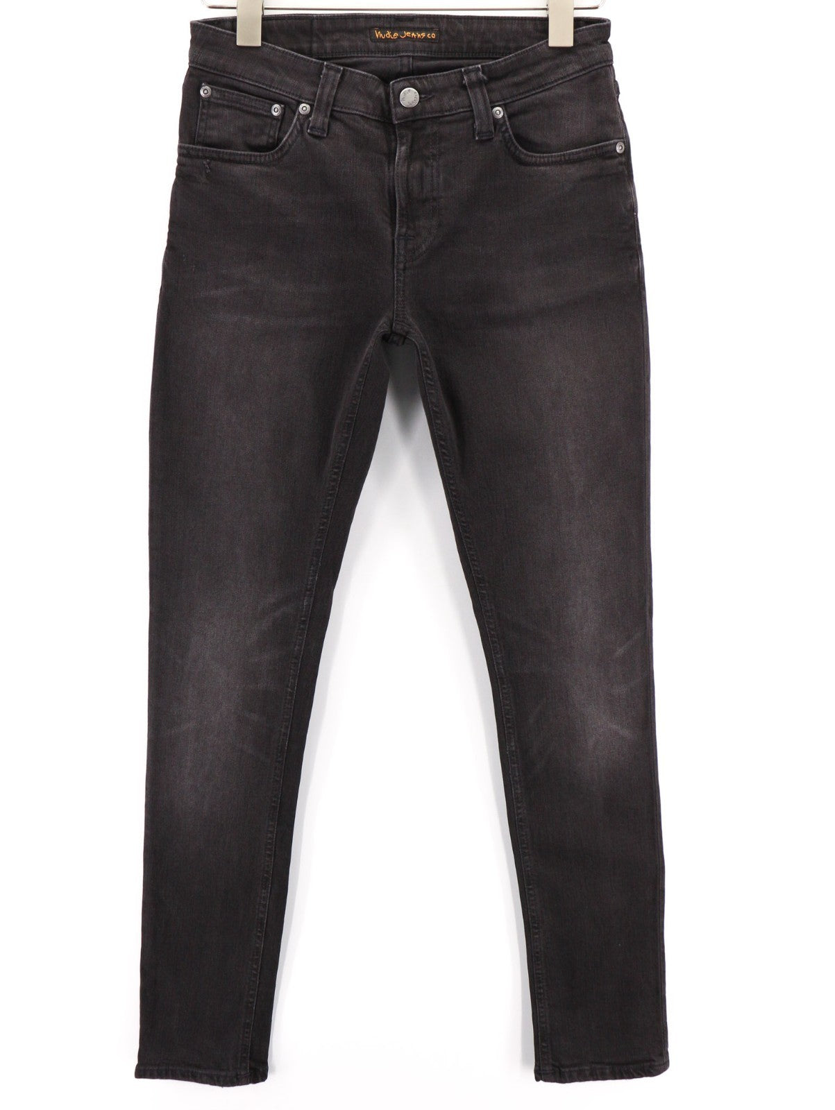 NUDIE JEANS Skinny Lin dėvėti juodi vyriški džinsai W29/L32 išblukusi tampri medvilnė su užtrauktuku 