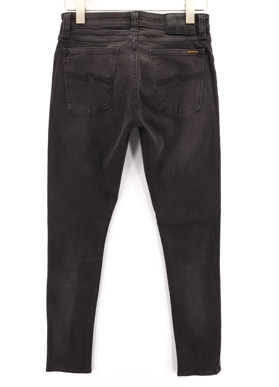 NUDIE JEANS Skinny Lin dėvėti juodi vyriški džinsai W29/L32 išblukusi tampri medvilnė su užtrauktuku 