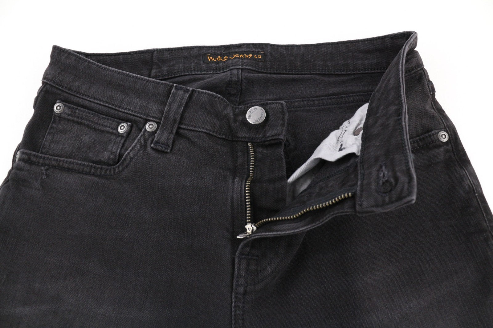 NUDIE JEANS Skinny Lin dėvėti juodi vyriški džinsai W29/L32 išblukusi tampri medvilnė su užtrauktuku 