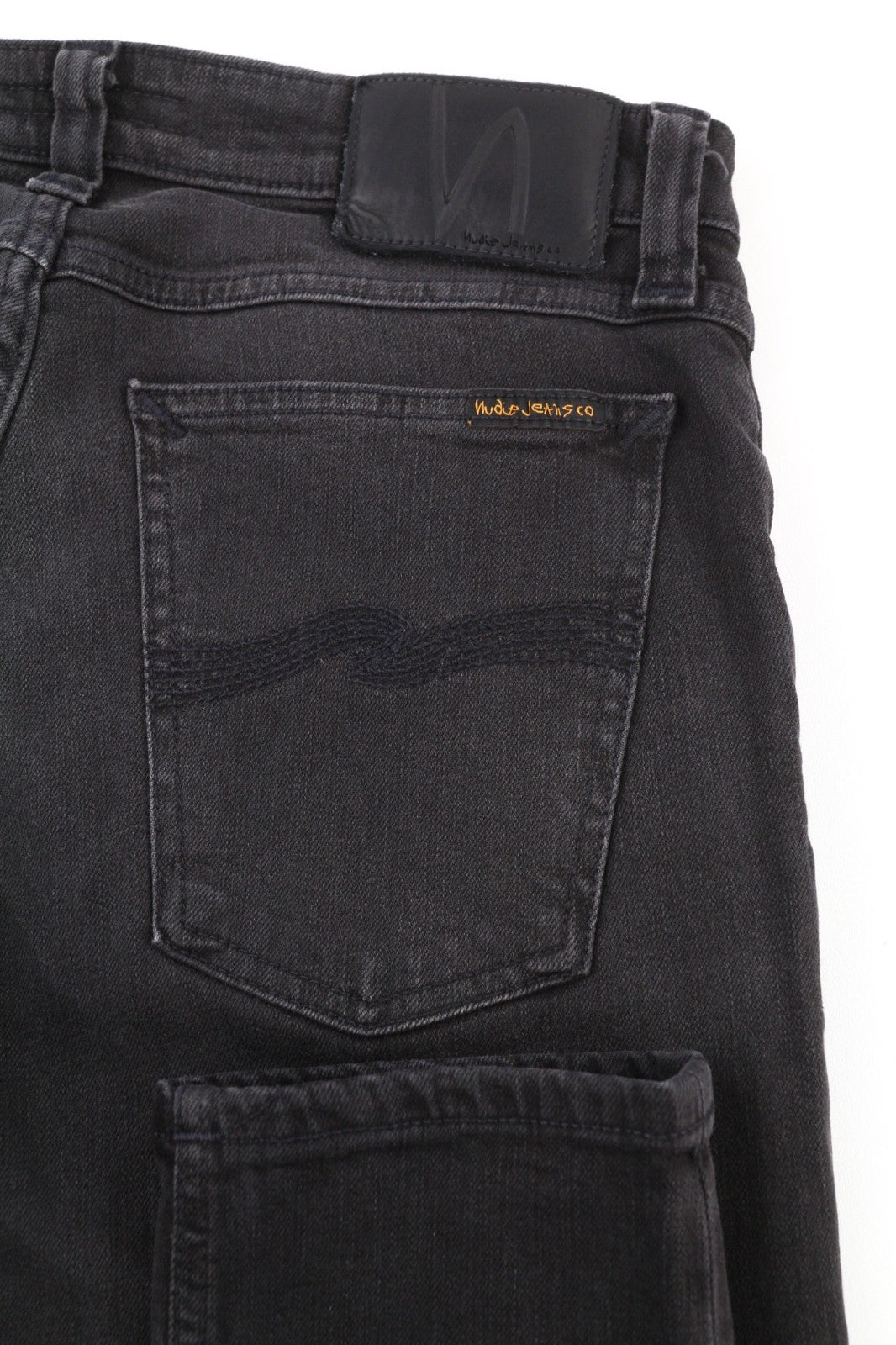 NUDIE JEANS Skinny Lin dėvėti juodi vyriški džinsai W29/L32 išblukusi tampri medvilnė su užtrauktuku 