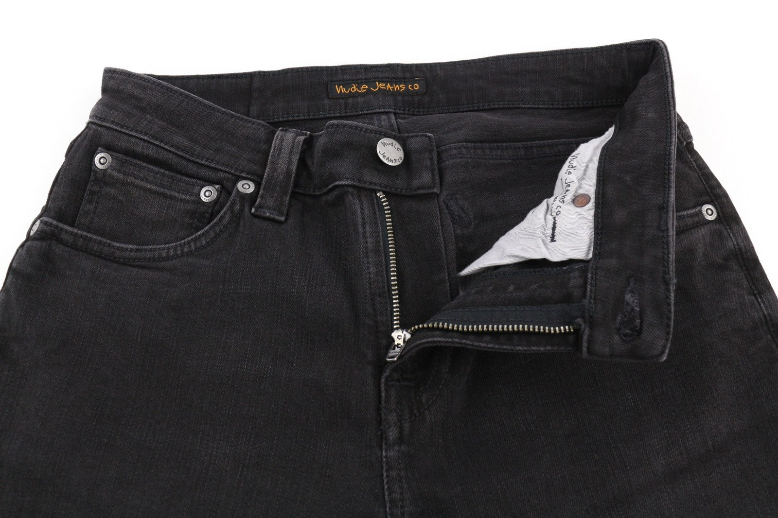 NUDIE JEANS Skinny Lin dėvėti juodi vyriški džinsai W29/L32 tampri ekologiška medvilnė 