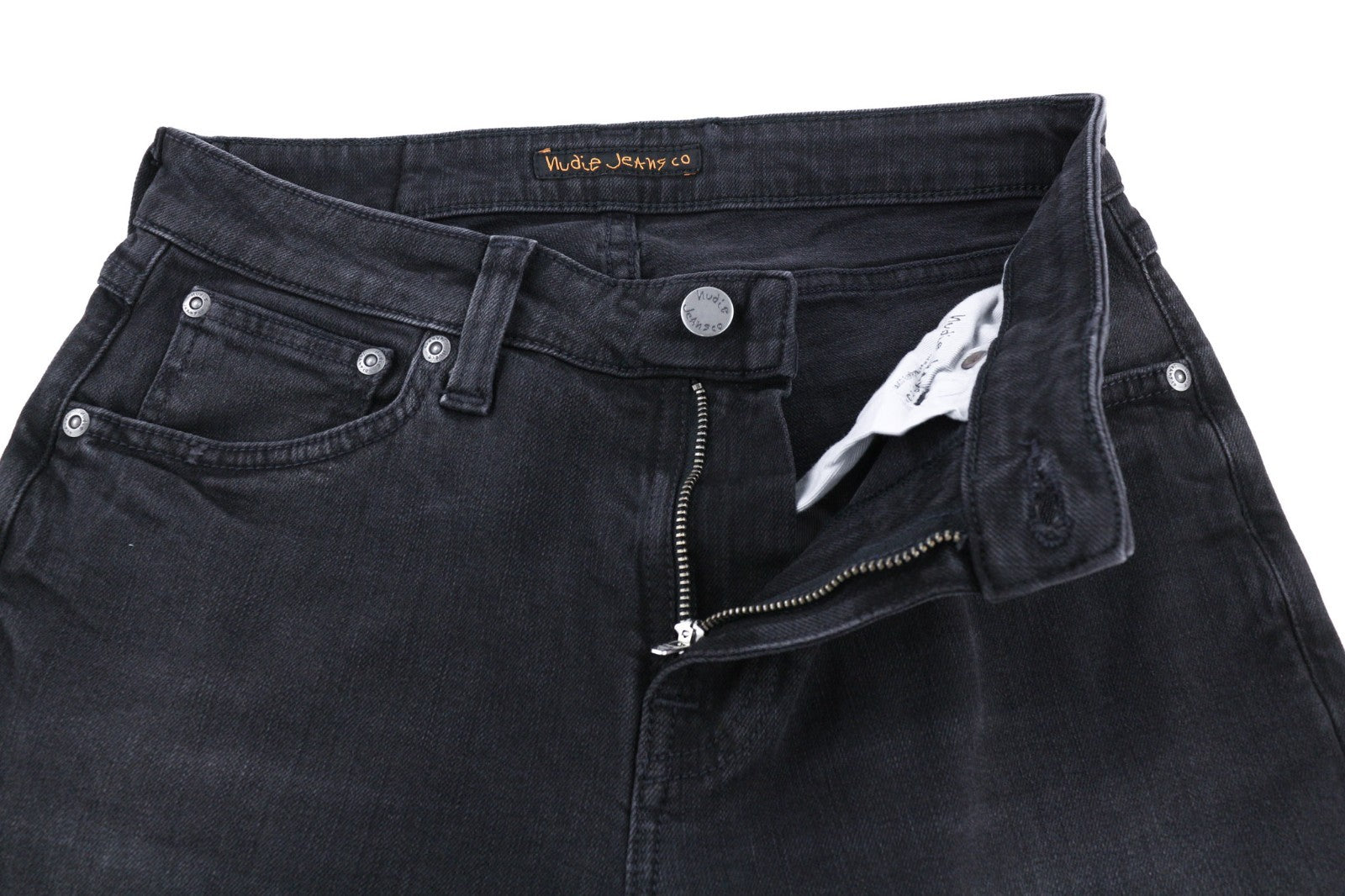 NUDIE JEANS Skinny Lin dėvėti juodi vyriški džinsai W29/L32 ekologiški blukinti tamprūs džinsai 