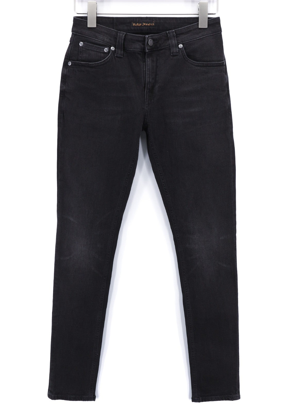 NUDIE JEANS Skinny Lin dėvėti juodi vyriški džinsai W29/L32 su užtrauktuku, išblukusia medvilnine tampri medžiaga 