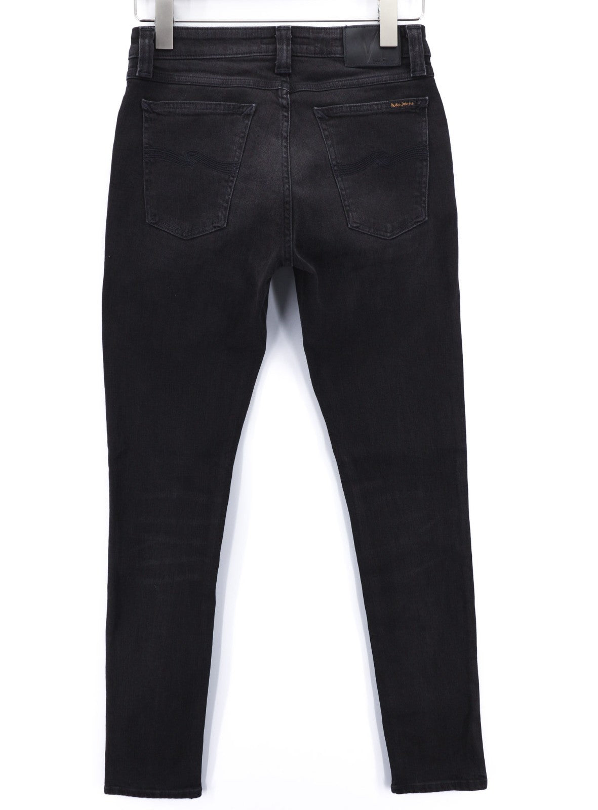 NUDIE JEANS Skinny Lin dėvėti juodi vyriški džinsai W29/L32 su užtrauktuku, išblukusia medvilnine tampri medžiaga 