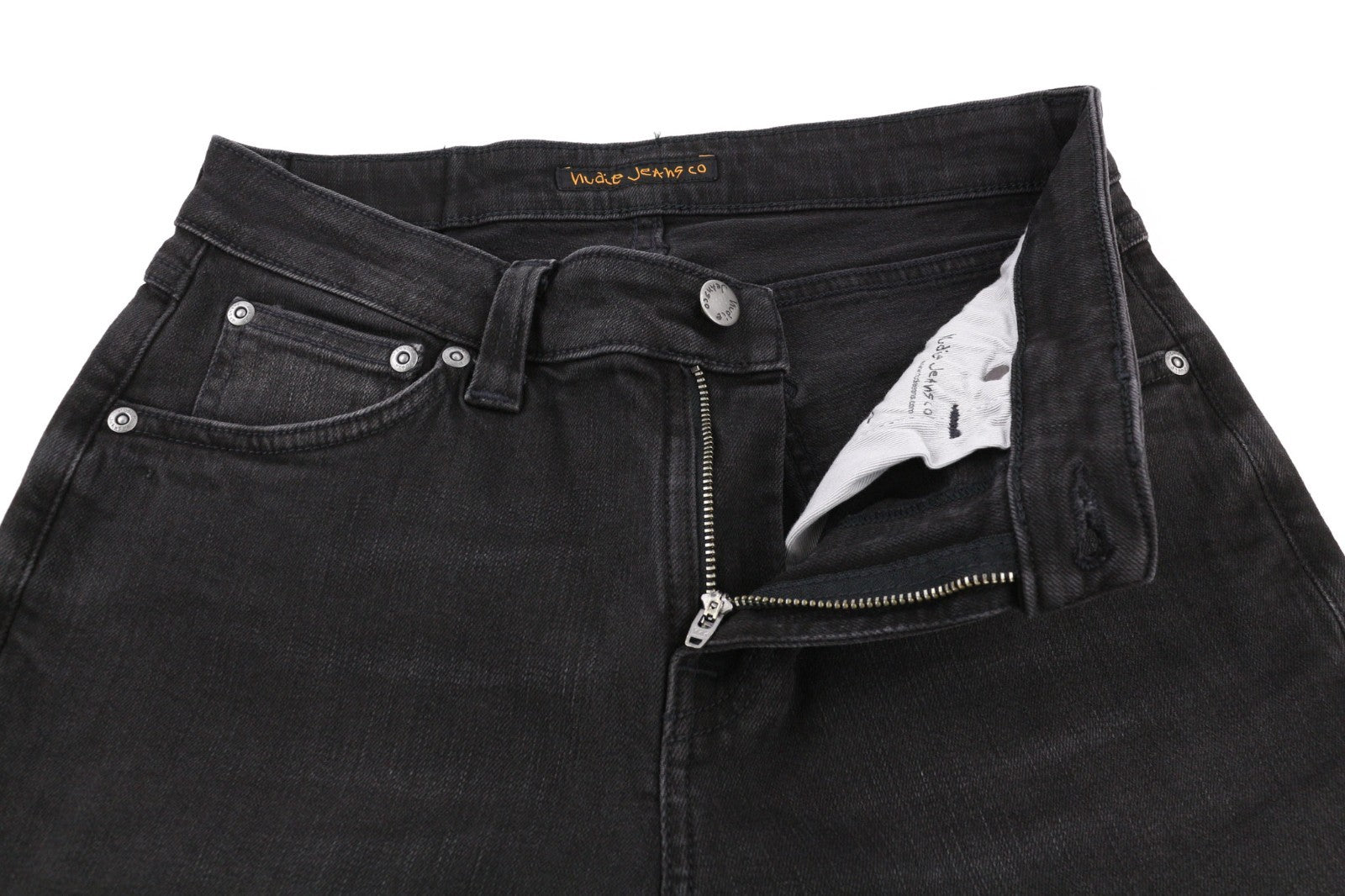 NUDIE JEANS Skinny Lin dėvėti juodi vyriški džinsai W29/L32 su užtrauktuku, išblukusia medvilnine tampri medžiaga 