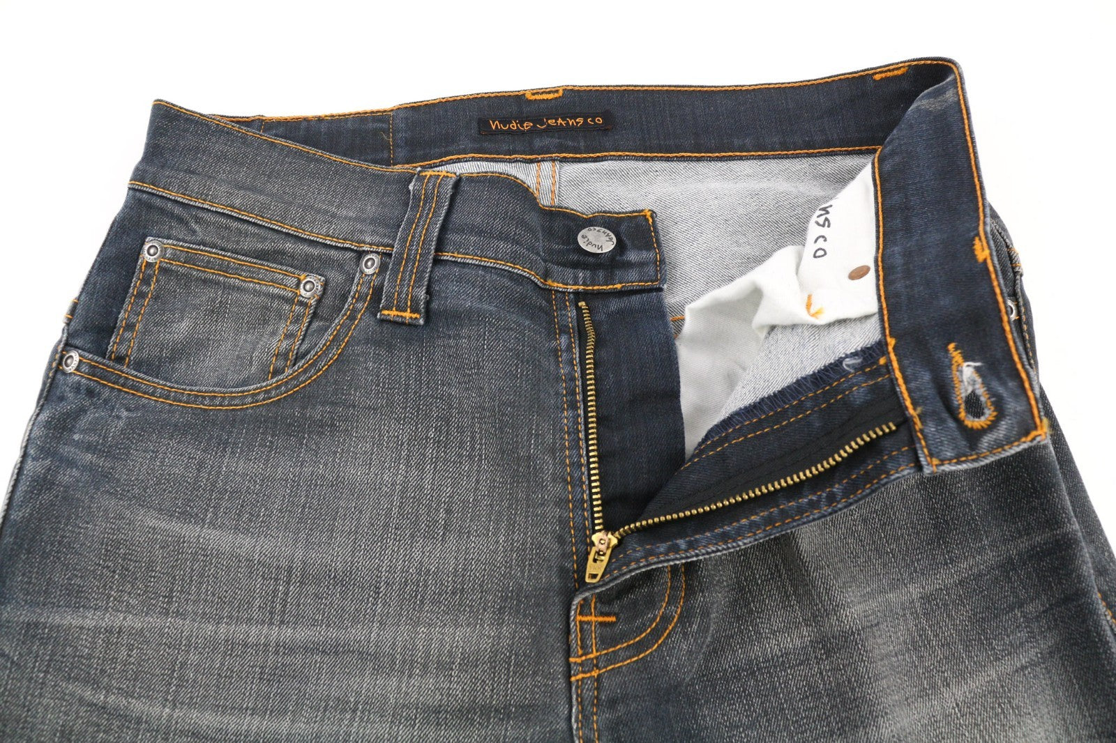 NUDIE JEANS ploni, pilki, dėvėti vyriški džinsai W31/L34 su išblukusiu užtrauktuku ir 5 kišenėmis 