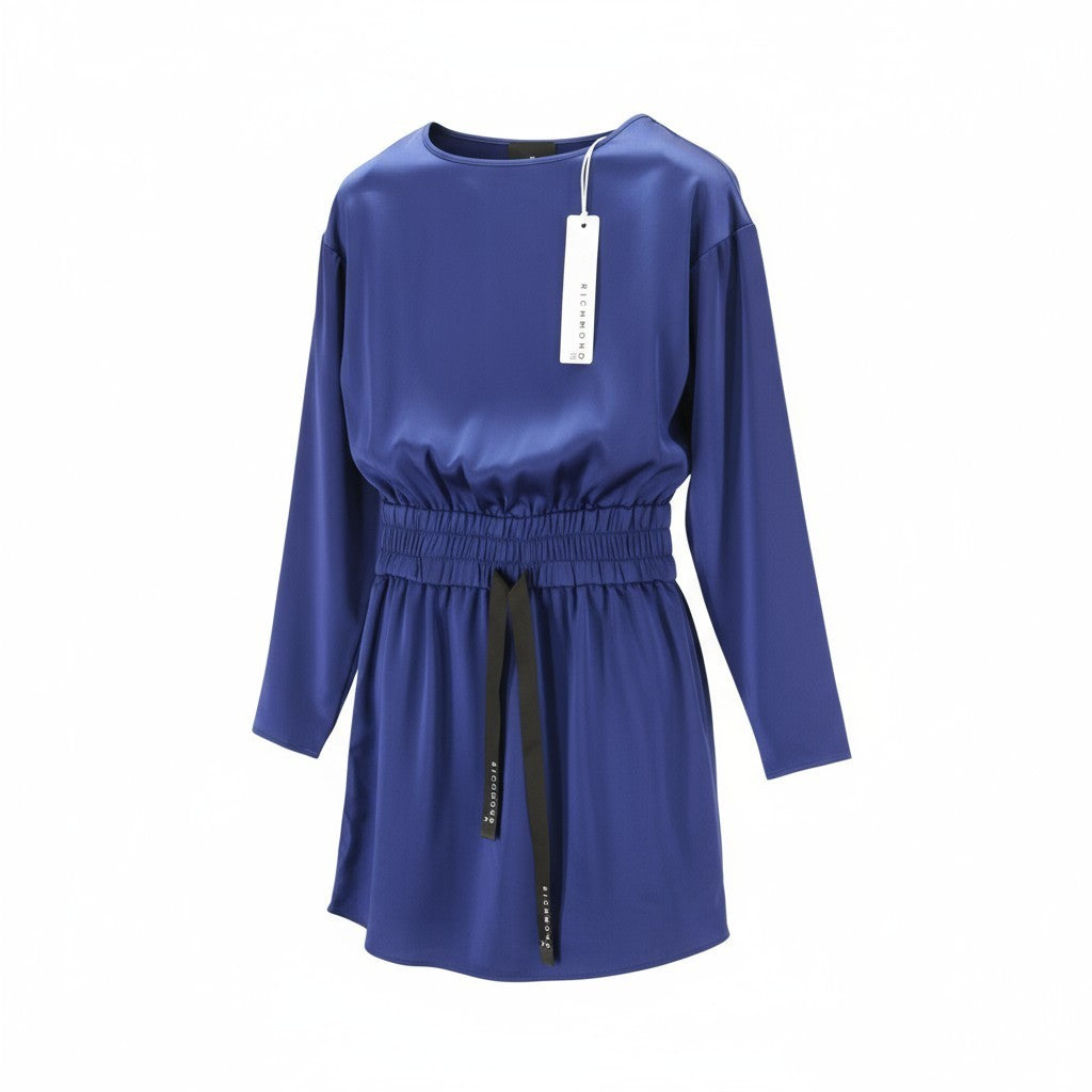 JOHN RICHMOND moteriška suknelė ~S mėlyna, tampriu juosmeniu, ilgomis rankovėmis, mini stiliaus 