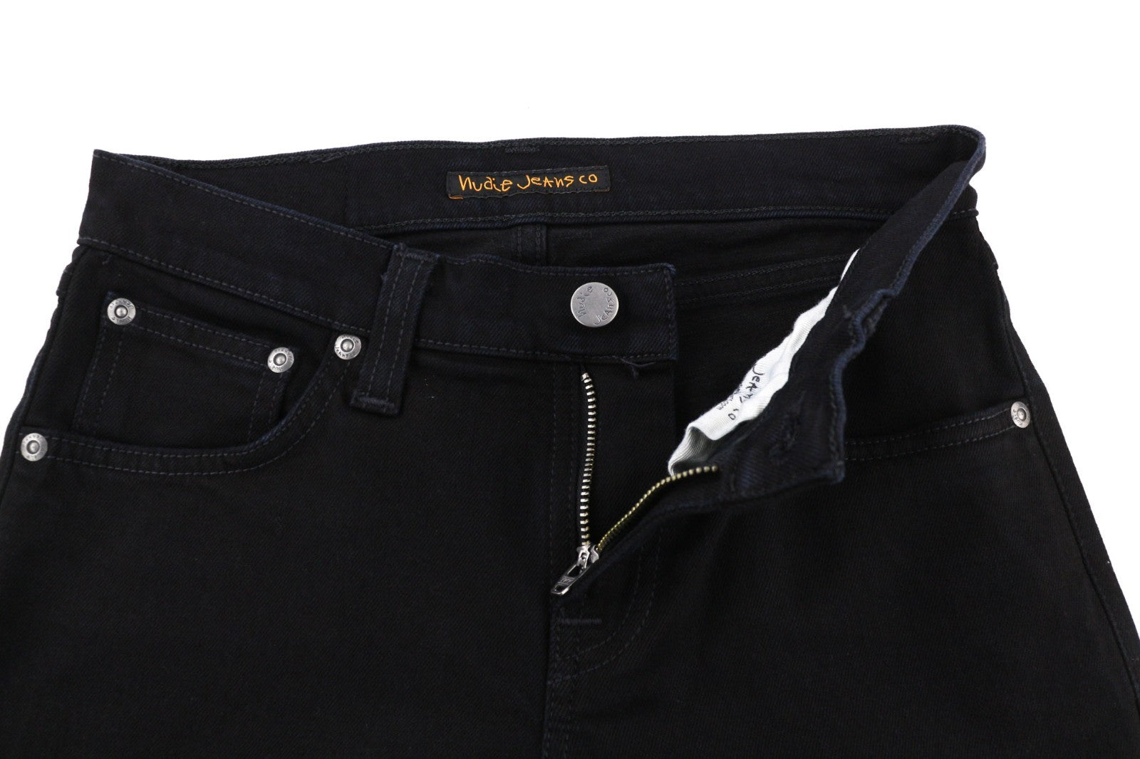 NUDIE JEANS ilgo kirpimo moteriški džinsai W26/L30 ploni tamprūs juodi džinsai 