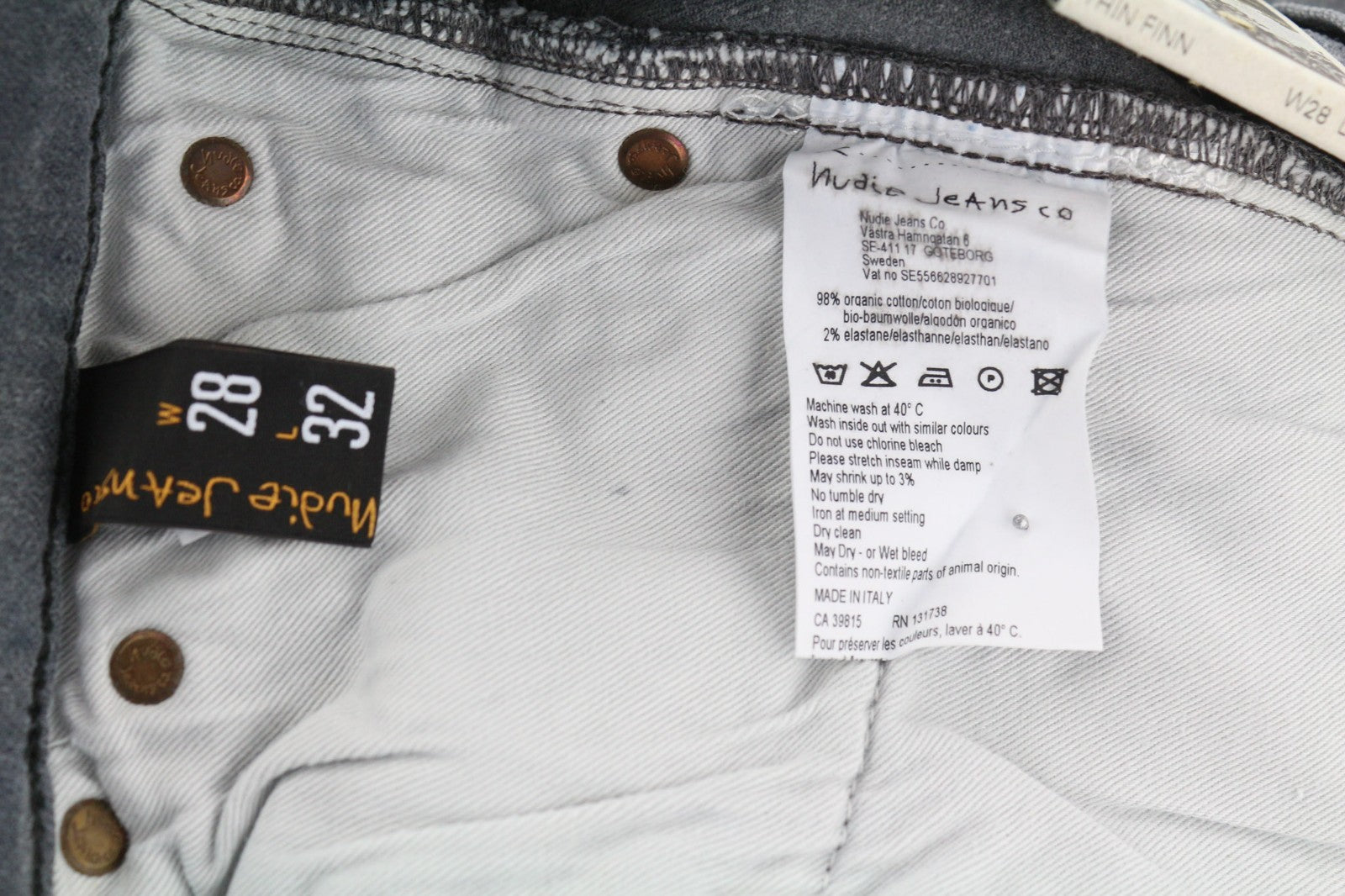 NUDIE JEANS Thin Finn vyriški džinsai W28/L32 Slim Stretch, skalbtos pilkos spalvos 