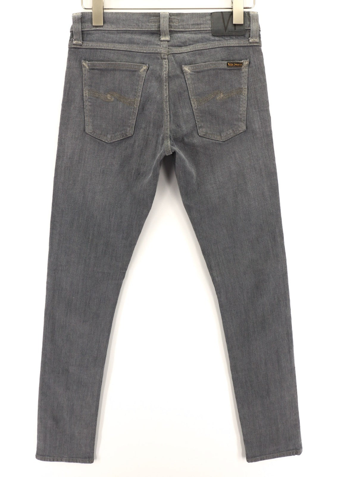 NUDIE JEANS vyriški aptempti ilgi John džinsai W30/L34 tamsiai pilki, ploni, organinio audinio, užtrauktuku.