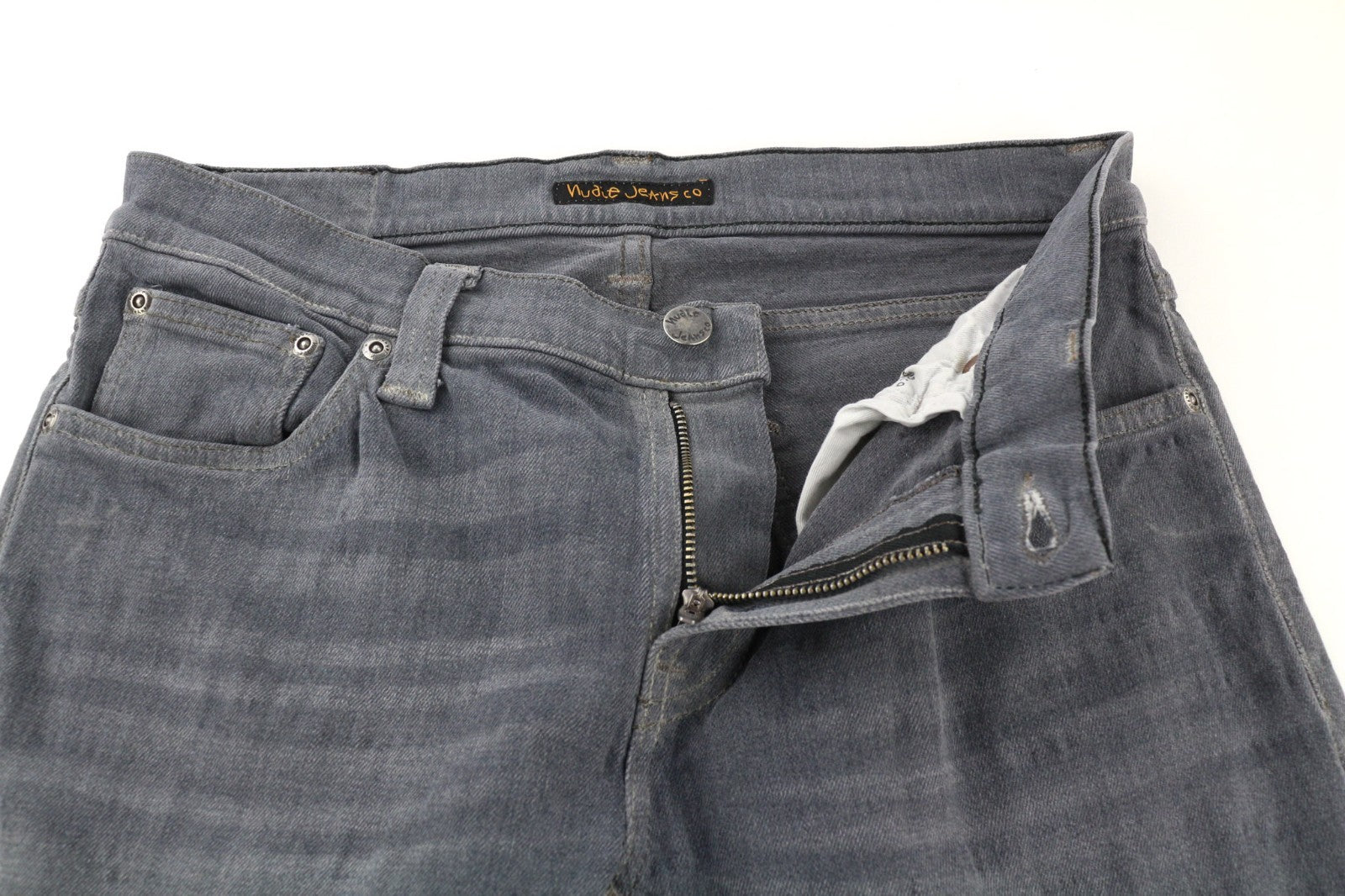 NUDIE JEANS vyriški aptempti ilgi John džinsai W30/L34 tamsiai pilki, ploni, organinio audinio, užtrauktuku.