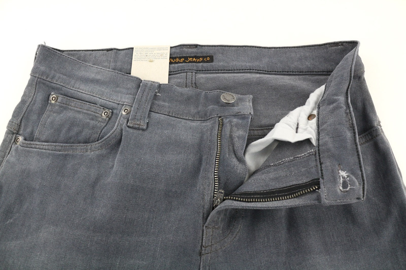 NUDIE JEANS ploni vyriški Finn džinsai W31/L32 Slim Fit pilki tamprūs laisvalaikio skalbinių rašto džinsai 