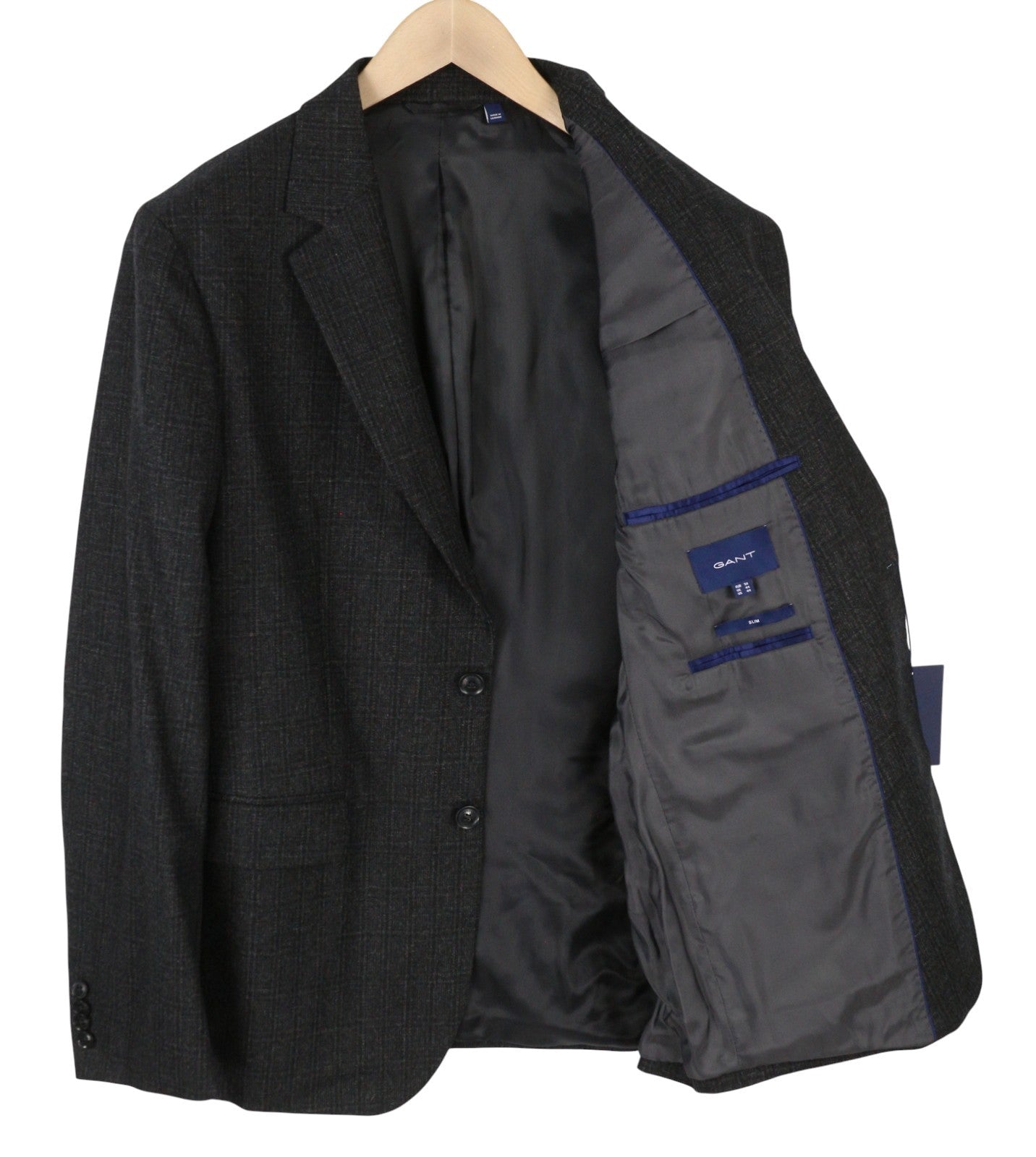 GANT flanelinis languotas vyriškas švarkas EU54 tamsiai pilko melanžo plonas vilnos mišinio švarkas su įpjova atvarte 