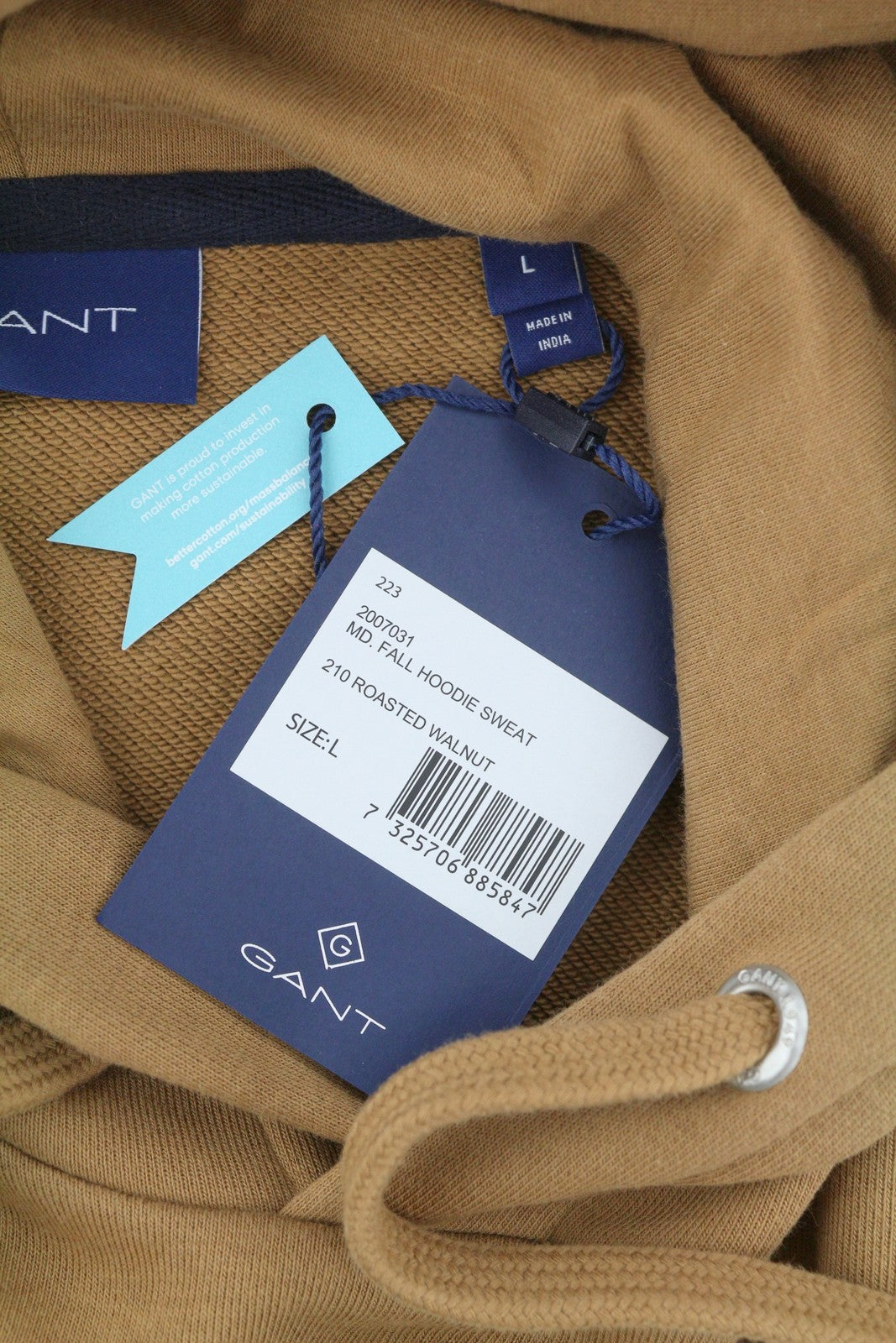 GANT MD. Fall Men Hoodie L Roasted Walnut Logo Cotton Blend Hooded Pullover