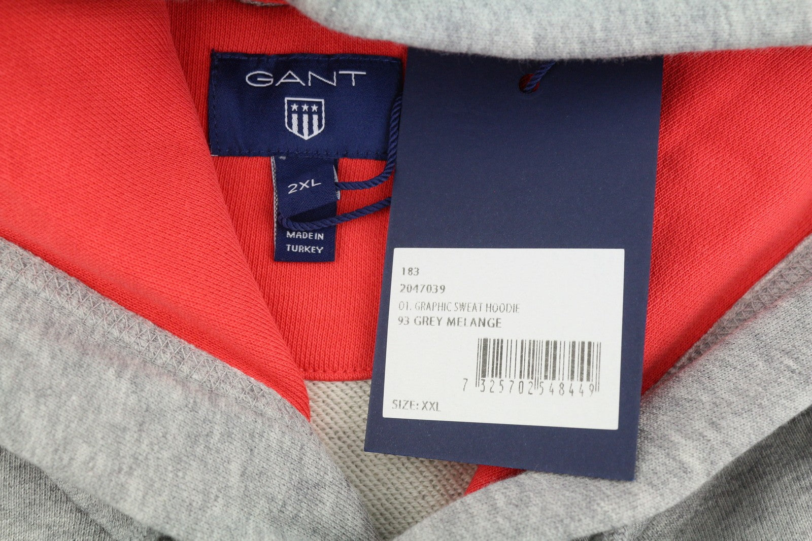 GANT Graphic Sweat Men Hoodie 2XL Grey Melange Kangaroo Pocket Logo Pullover