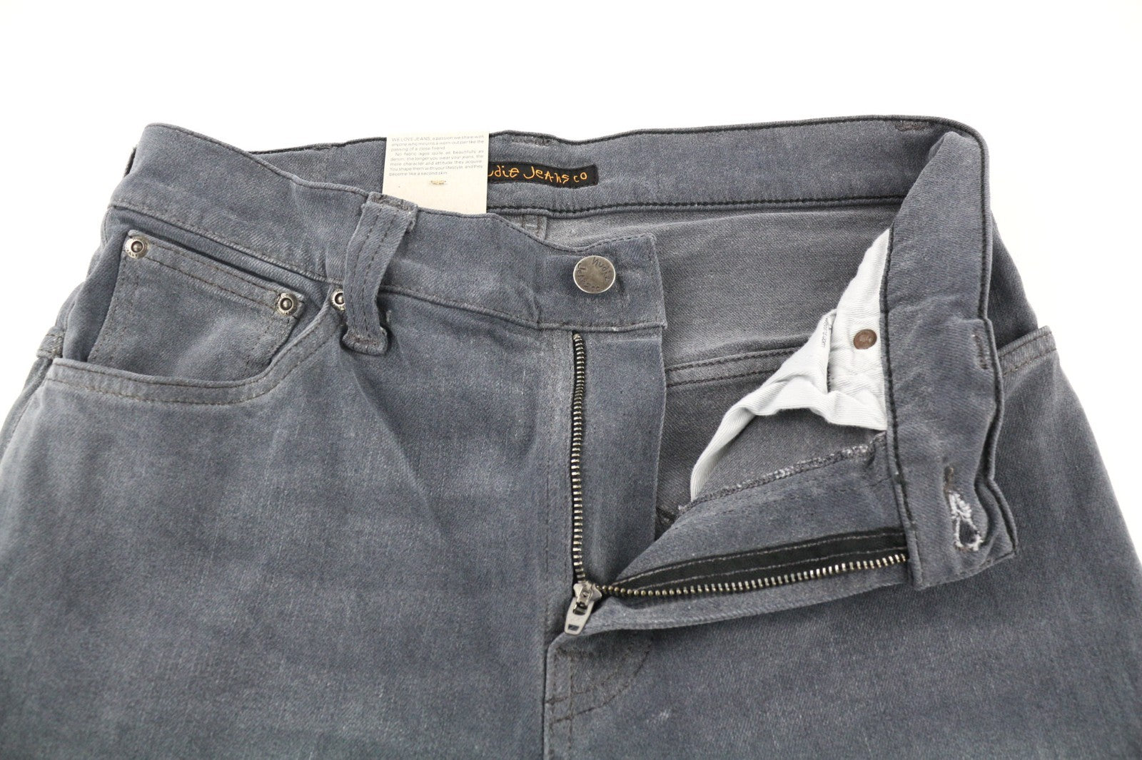 NUDIE JEANS ploni „Finn“ vyriški džinsai W30/L32 Slim Fit išblukintos pilkos medvilnės mišinio 