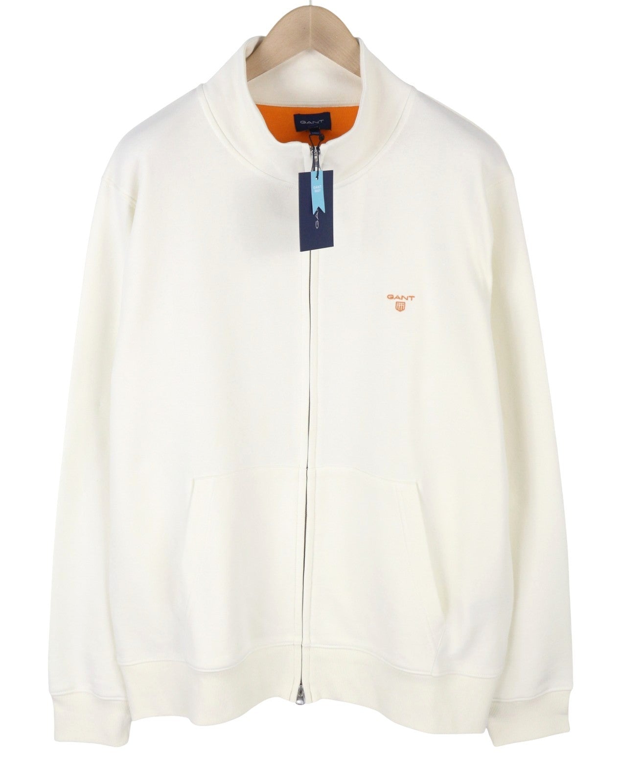 GANT Bru Original Full Zip vyriškas megztinis su užtrauktuku, 3XL dydžio, kiaušinio lukšto spalvos, aukštu kaklu, šviesus 