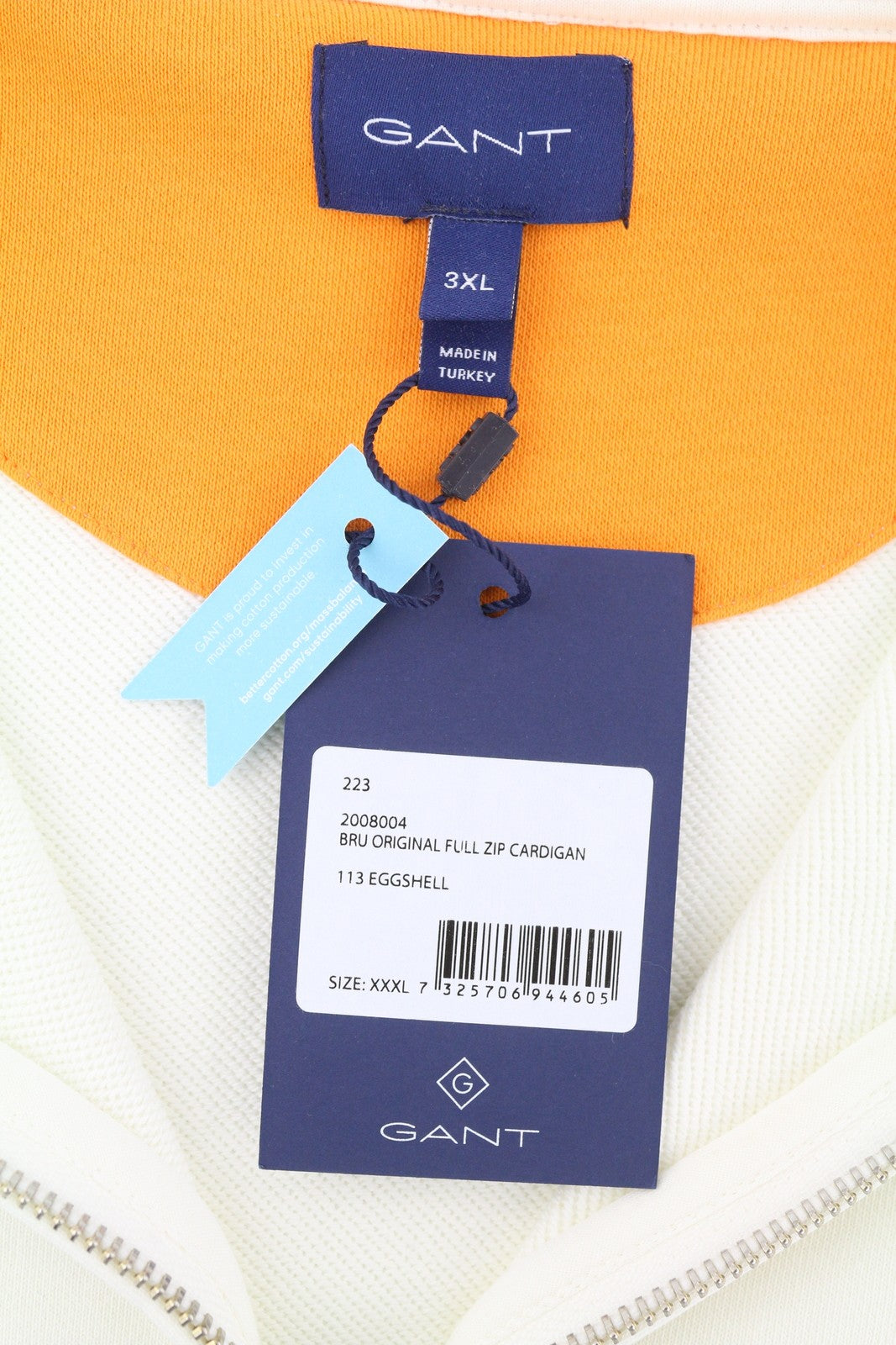 GANT Bru Original Full Zip Cardigan Men Sweatshirt 3XL Eggshell High Neck Light