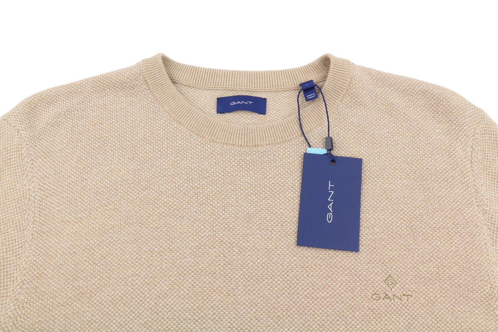 GANT Multi Texture Pique C-Neck Men Jumper L Khaki Melange Beige Knit Pullover