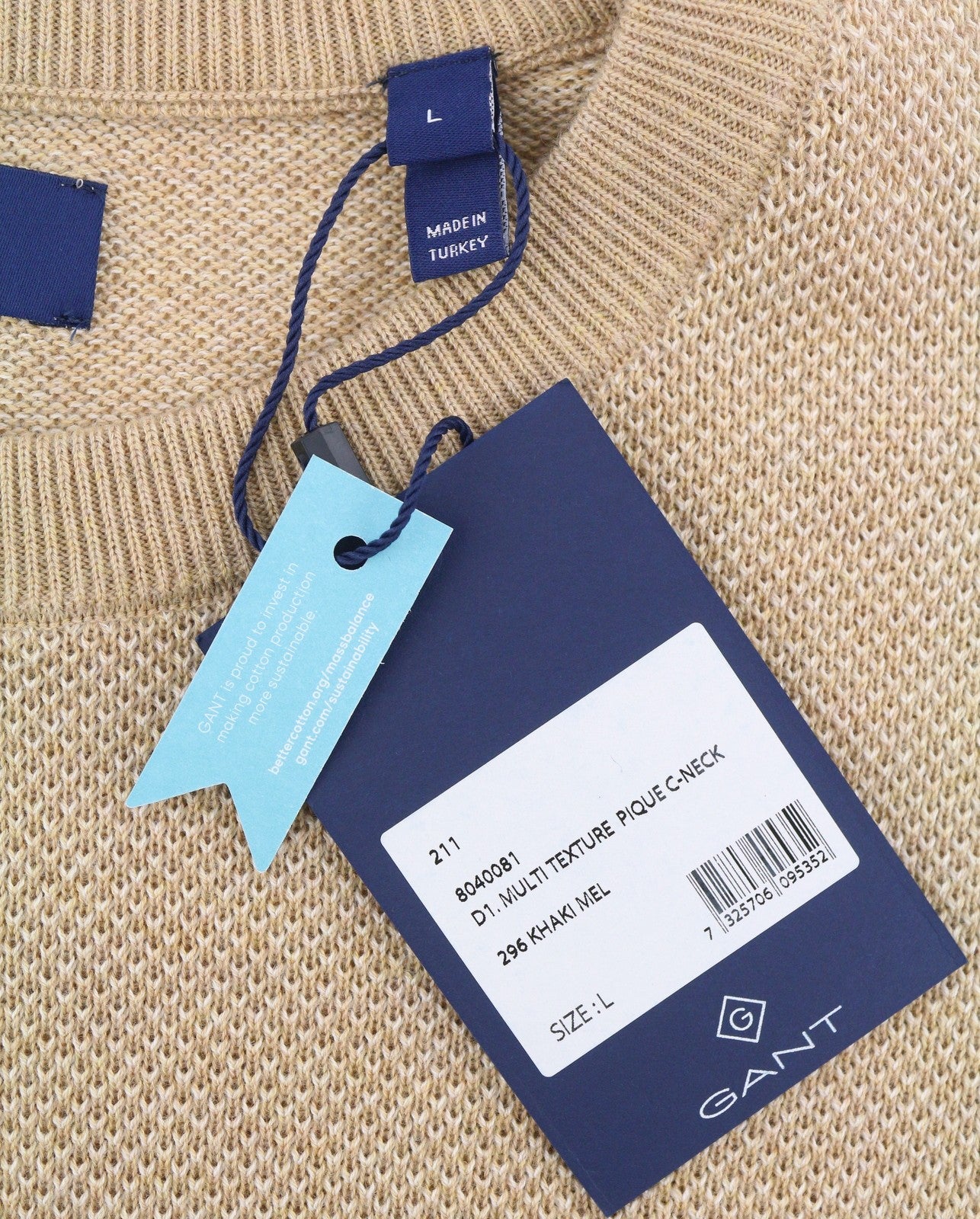 GANT Multi Texture Pique C-Neck Men Jumper L Khaki Melange Beige Knit Pullover