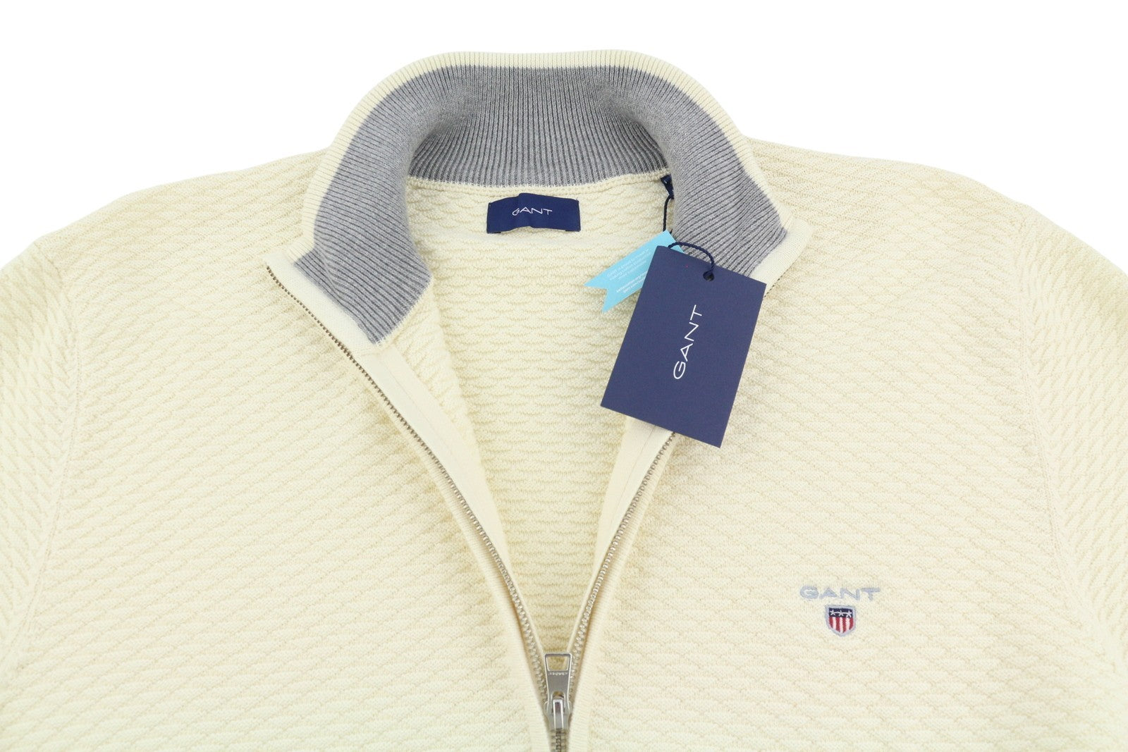 GANT Triangle Texture Full Zip Men Jumper XL Cream High Neck Knitted Stretch