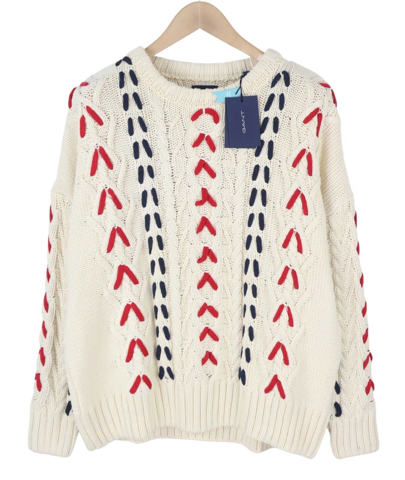 GANT Chunky Cable C-Neck vyriškas megztinis XL dydžio kreminės spalvos vilnonis megztinis su storu užsegimu, RRP299 