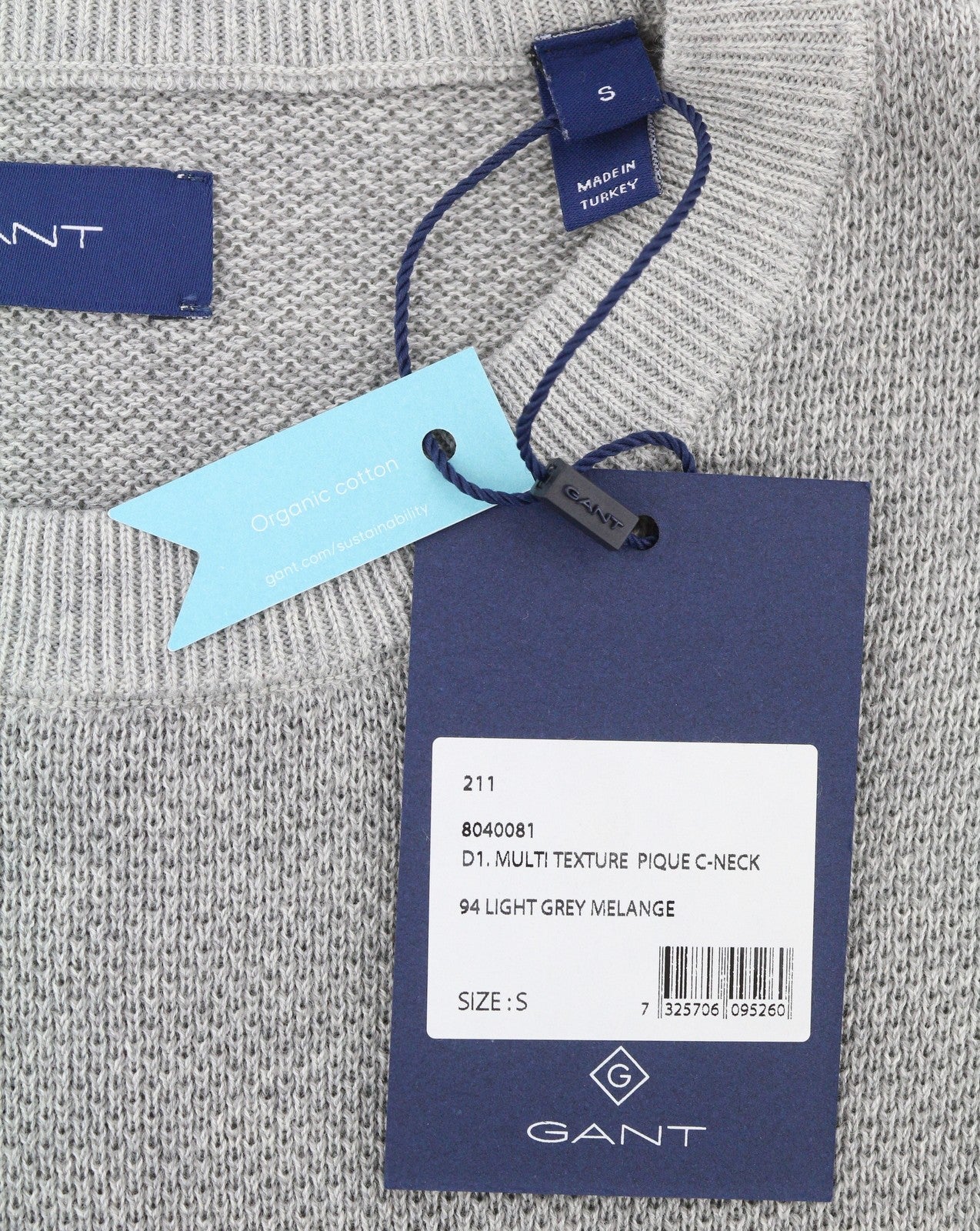 GANT Multi Texture Pique C-Neck Men Jumper S Light Grey Melange Knit Pullover