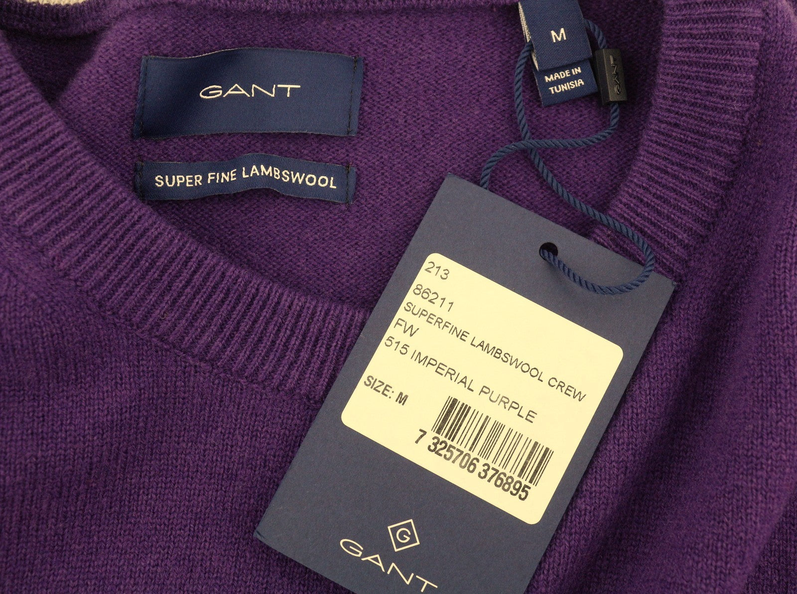GANT Superfine Lambswool Crew Men Jumper M Imperial Purple Knitted Pullover