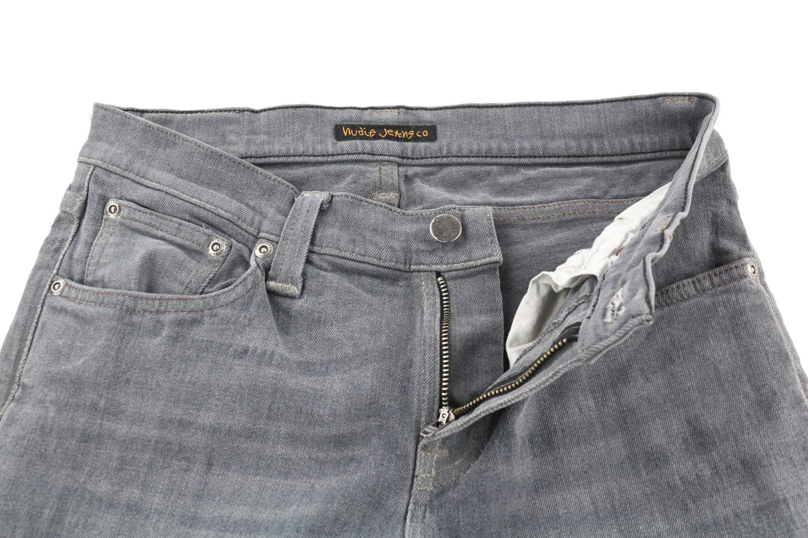 NUDIE JEANS vyriški aptempti ilgi džinsai W29/L32 tamsiai pilki, ploni, ekologiški 