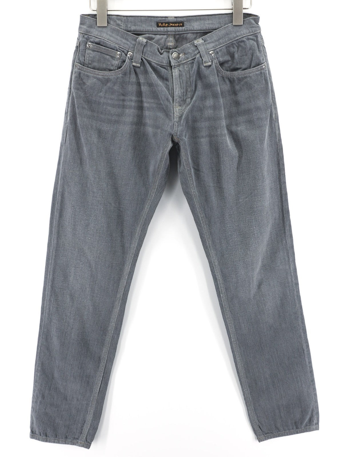 NUDIE JEANS vyriški aptempti ilgi džinsai W30/L32 tamsiai pilki, ploni su skalbtu logotipu 