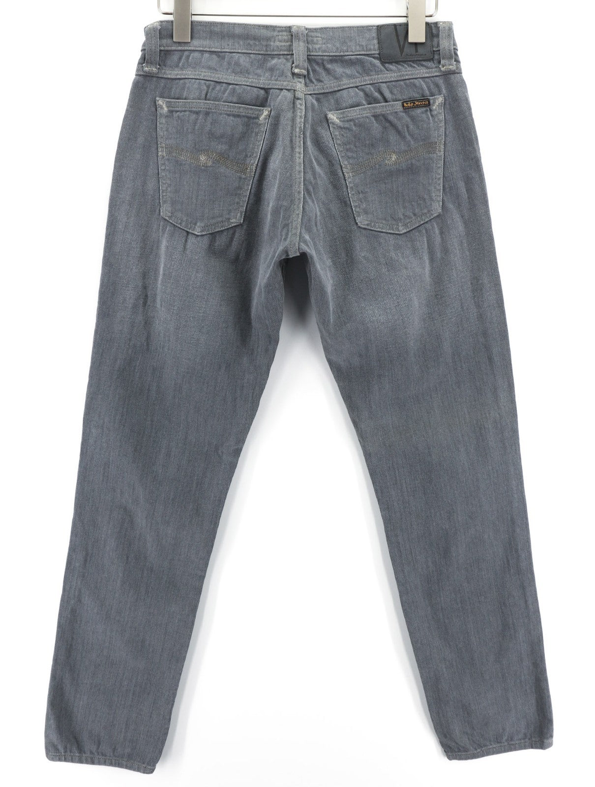 NUDIE JEANS vyriški aptempti ilgi džinsai W30/L32 tamsiai pilki, ploni su skalbtu logotipu 