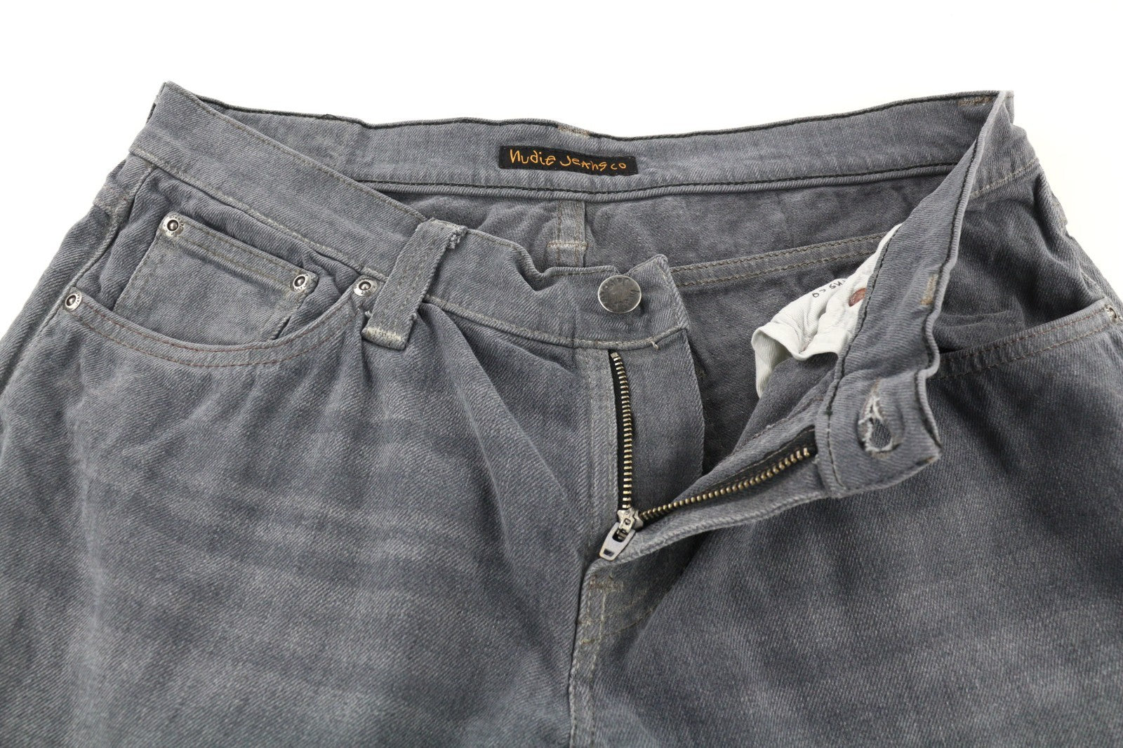 NUDIE JEANS vyriški aptempti ilgi džinsai W30/L32 tamsiai pilki, ploni su skalbtu logotipu 