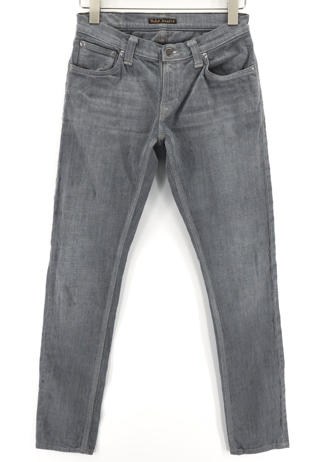 NUDIE JEANS vyriški aptempti ilgi džinsai W28/L32 tamsiai pilki, ploni su logotipu ir skalbtais logotipais 