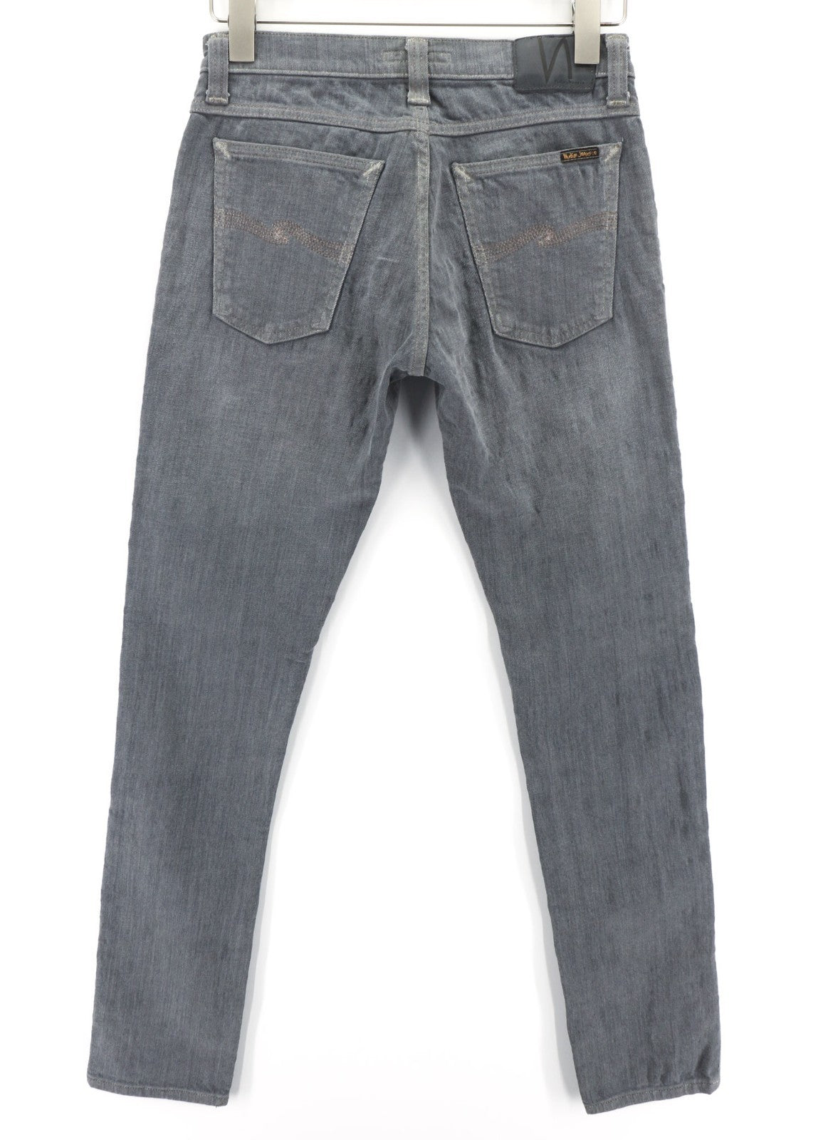 NUDIE JEANS vyriški aptempti ilgi džinsai W28/L32 tamsiai pilki, ploni su logotipu ir skalbtais logotipais 