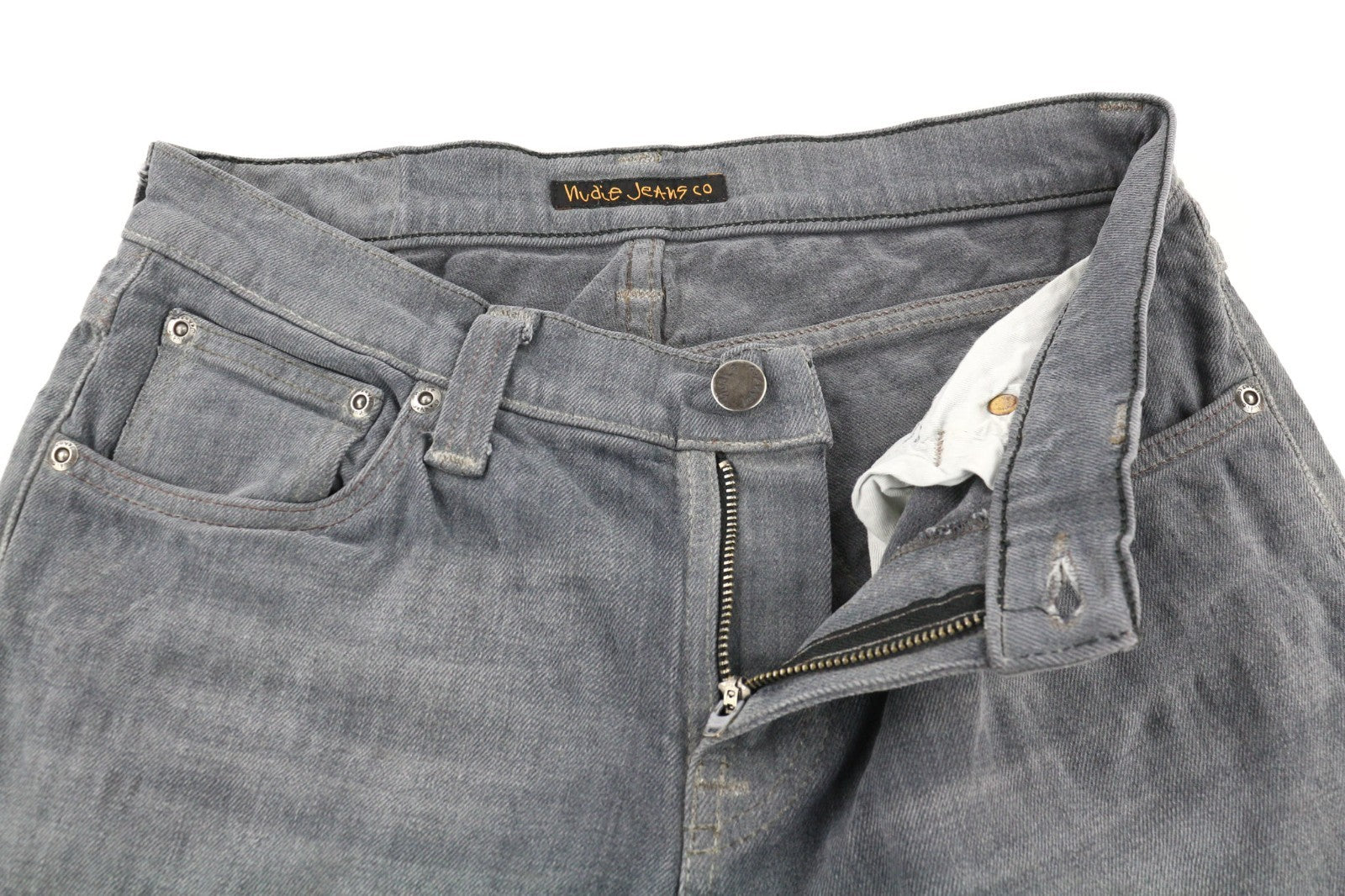 NUDIE JEANS vyriški aptempti ilgi džinsai W28/L32 tamsiai pilki, ploni su logotipu ir skalbtais logotipais 