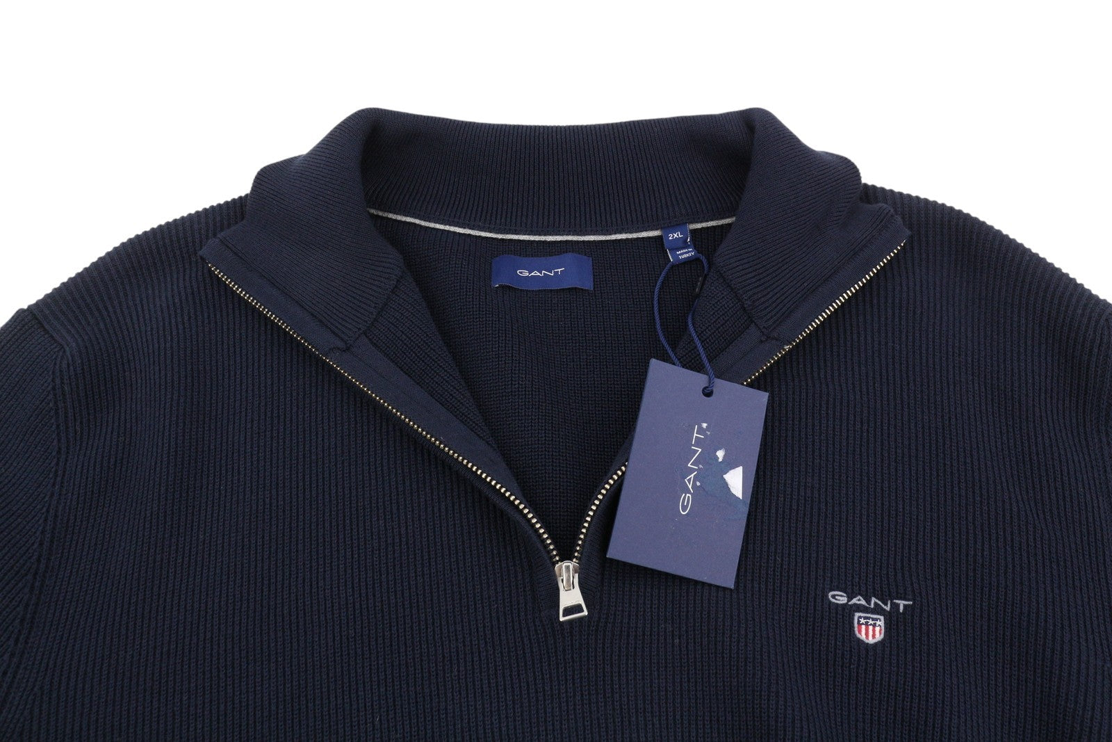 GANT Men Jumper 2XL Dark Blue Cotton Tight-Knit Half Zip Neck Logo Pullover