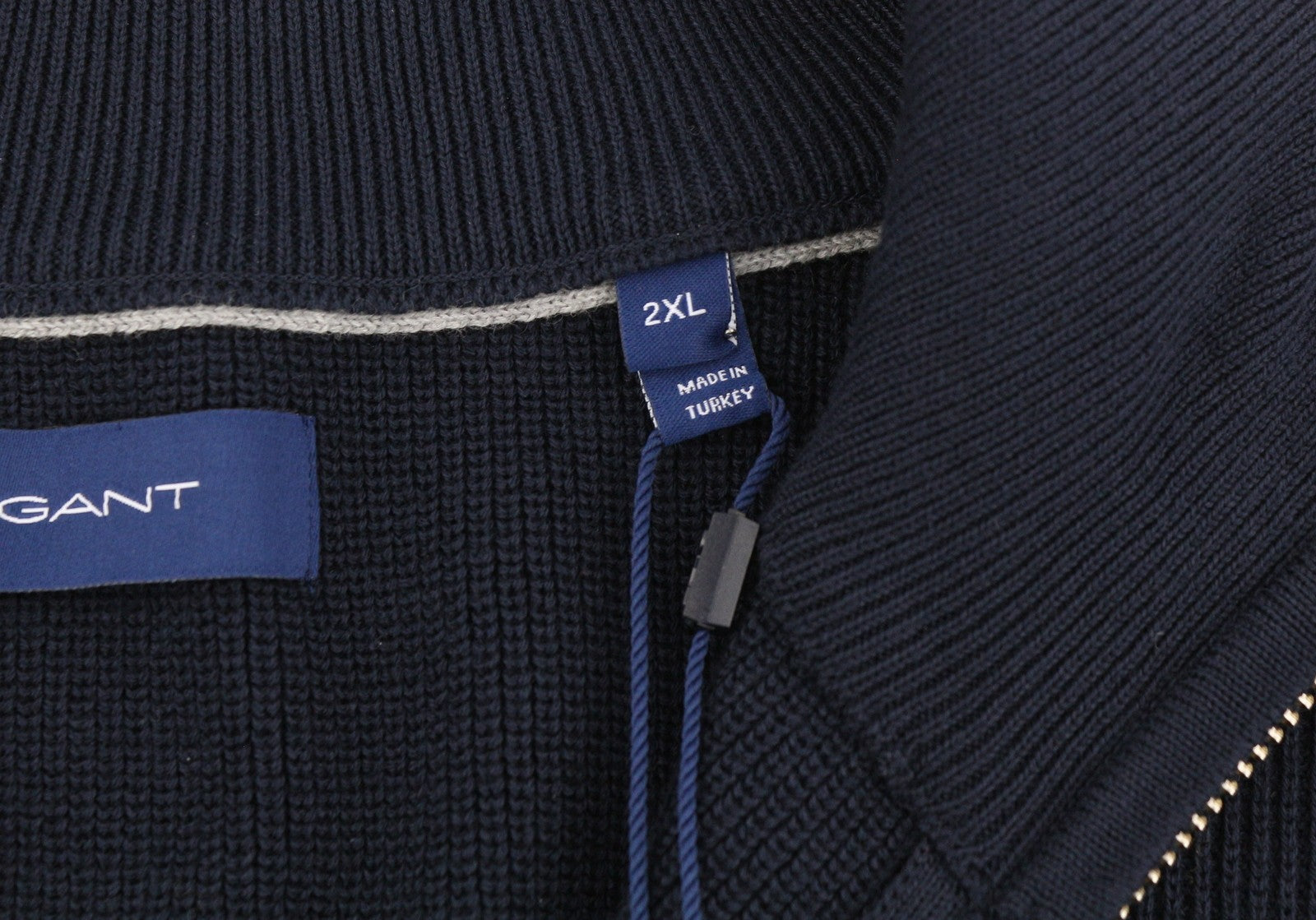 GANT Men Jumper 2XL Dark Blue Cotton Tight-Knit Half Zip Neck Logo Pullover